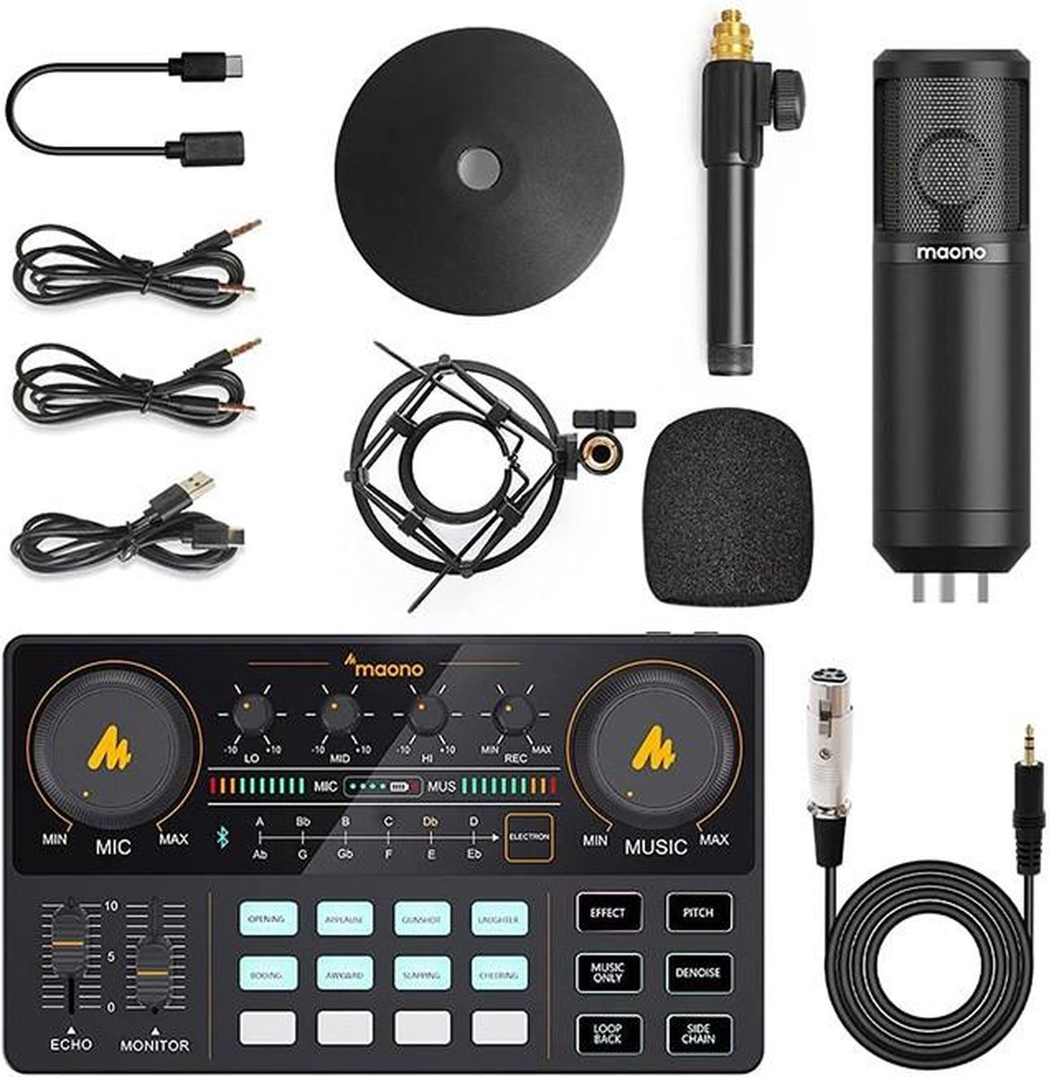 Een zwarte Maono microfoonkit. Bevat microfoon, standaard, popfilter, audiomixer, kabels en een shockmount. Alle componenten zijn zwart.
