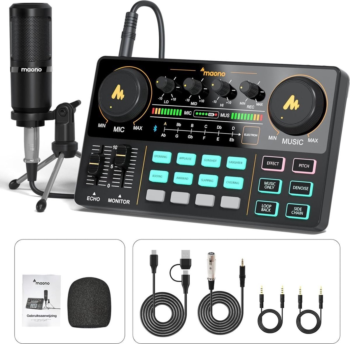 Een zwarte microfoon, audiomixer, kabels en accessoires worden weergegeven. De mixer heeft knoppen en knoppen. Een handleiding en een schuimrubberen hoes zijn ook aanwezig.