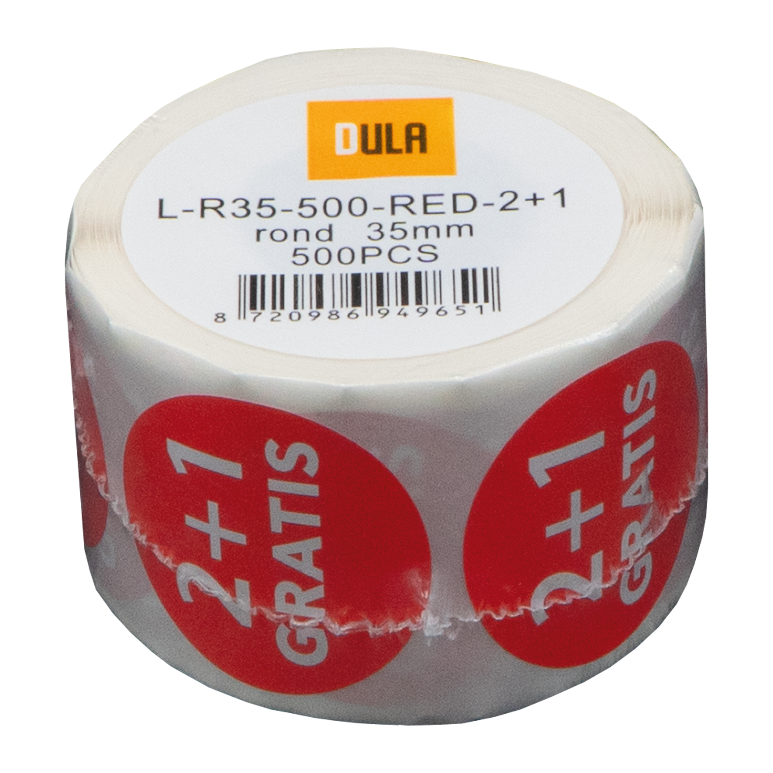 Een rol witte stickers met rode cirkelvormige etiketten. De stickers hebben de tekst '2+1 GRATIS'.