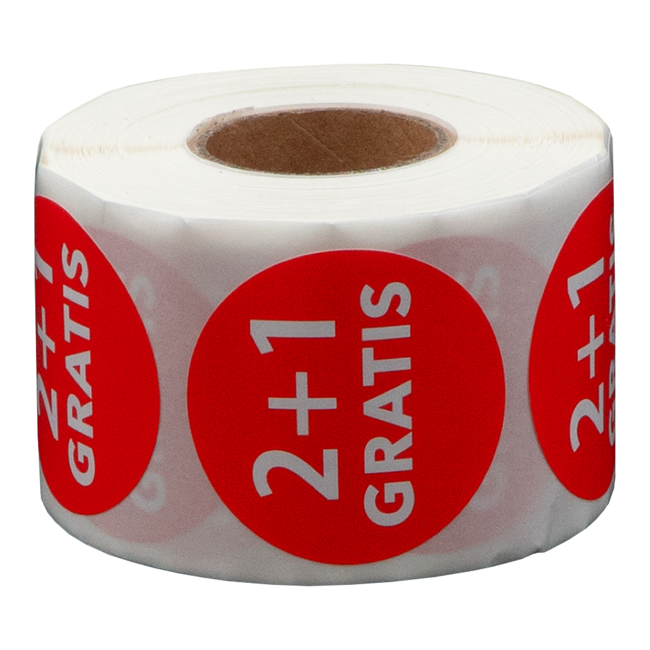 Een rol stickers. Rode cirkels met witte tekst: 2+1 GRATIS. Witte achtergrond.