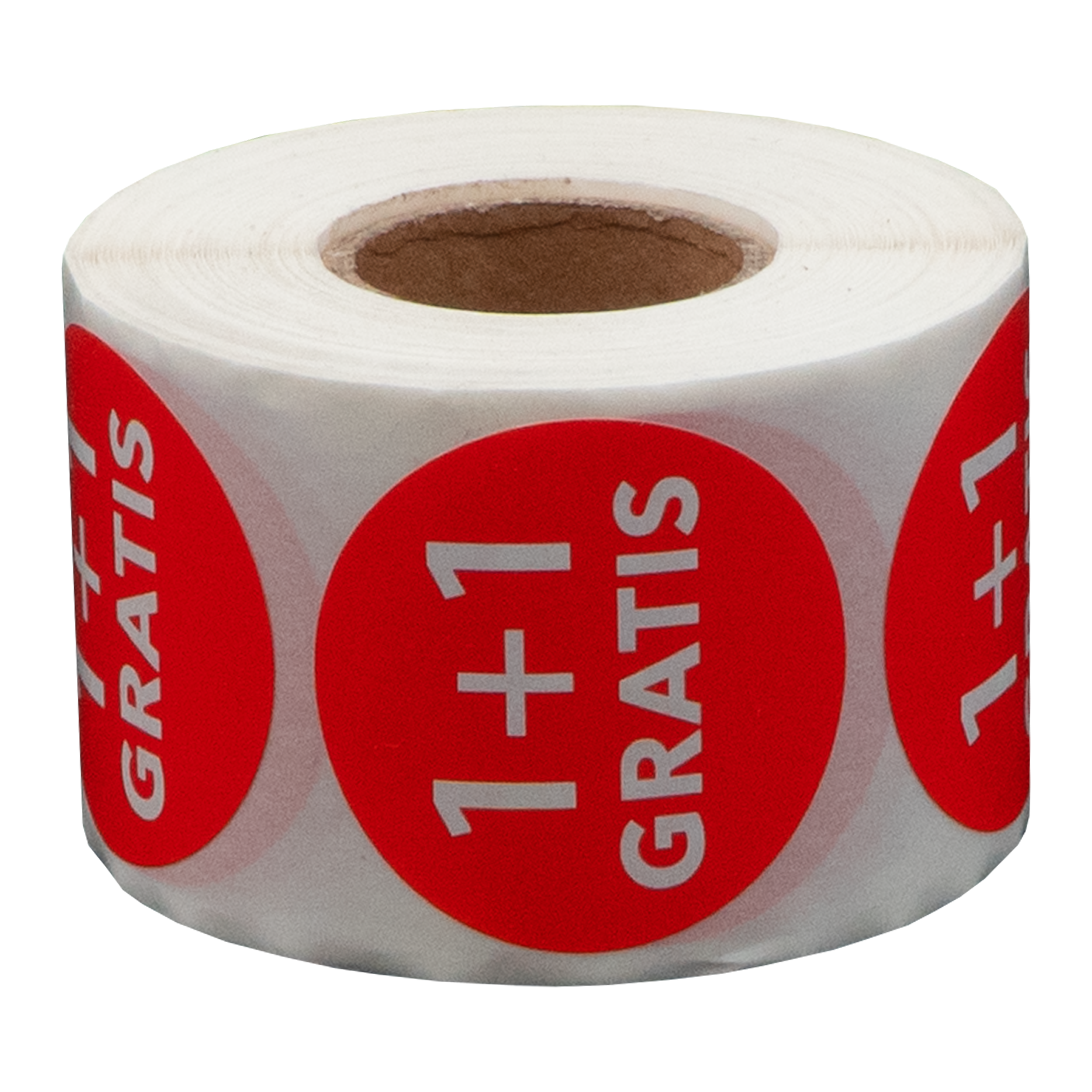 Een rol witte stickers met rode cirkels. Elke cirkel heeft de tekst '1+1 GRATIS' in witte letters.