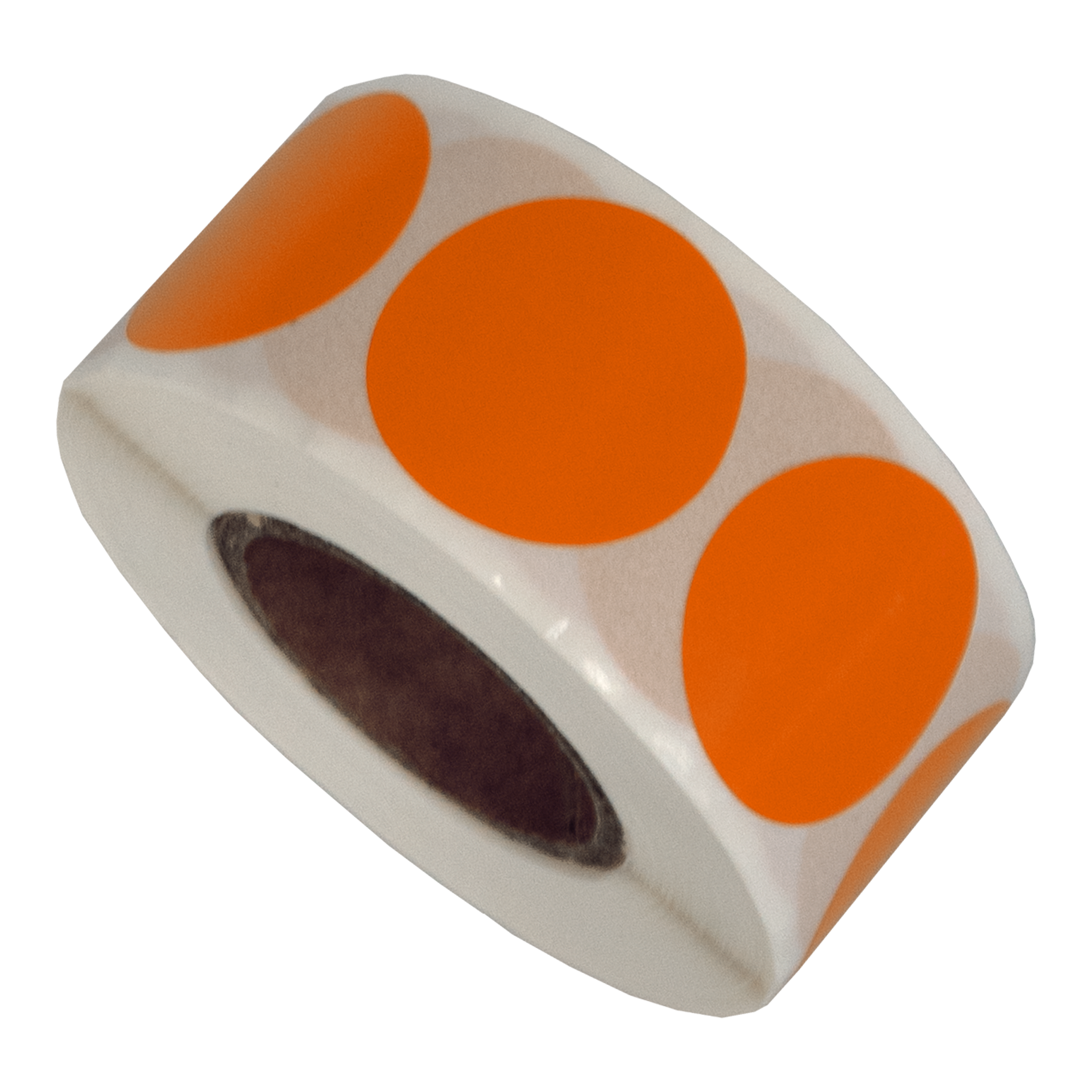 Een rol witte stickers met oranje cirkels. De kern is donkerbruin. De achtergrond is wit.