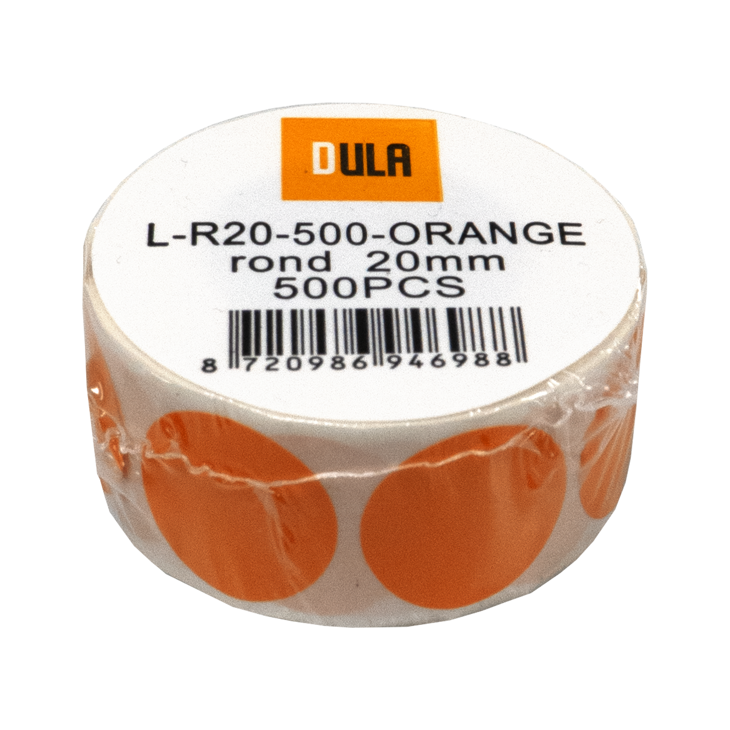 Rol oranje ronde stickers. Wit label met zwarte tekst. Oranje logo bovenaan.