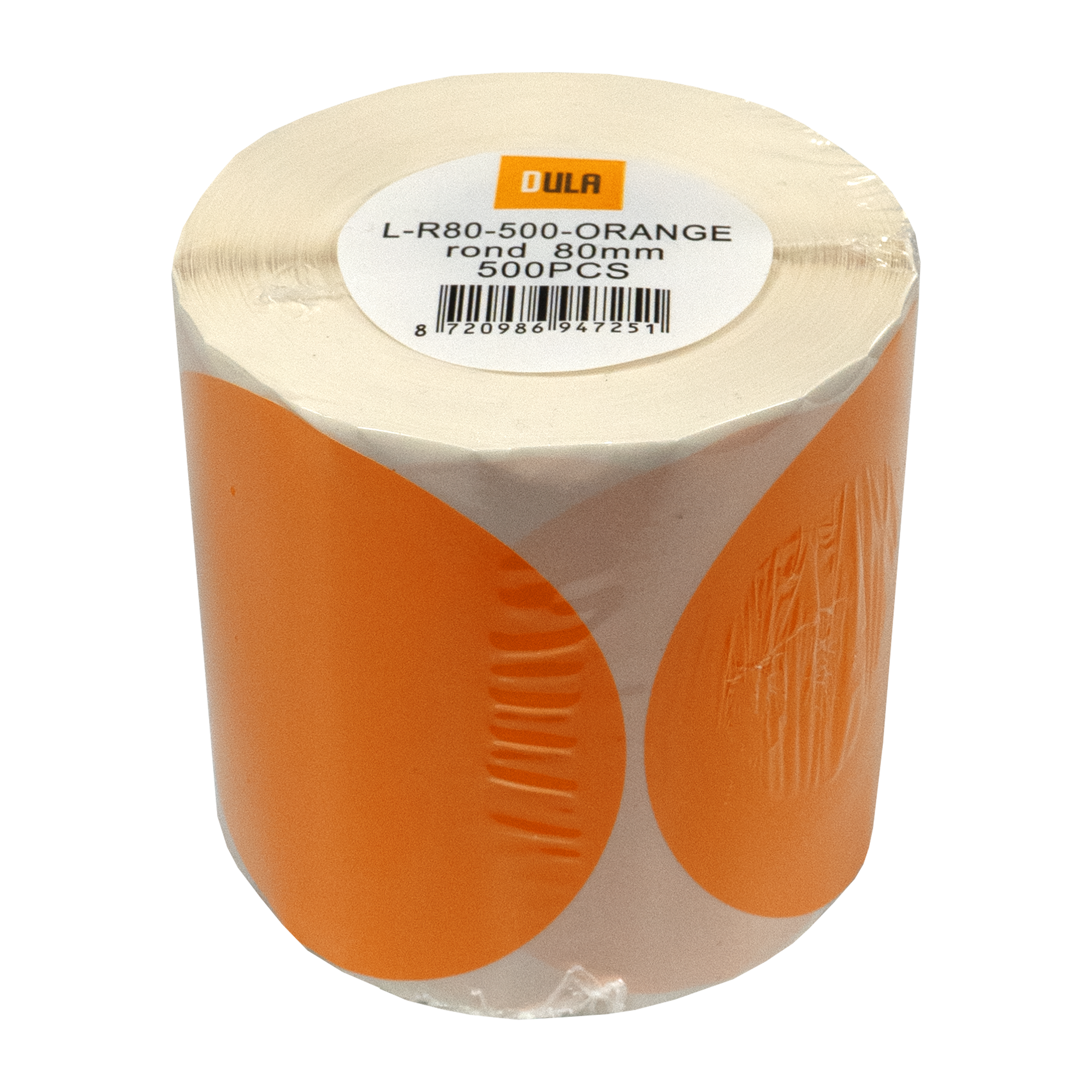 Een rol oranje stickers met een wit label. Op het label staat DULA, L-R80-500-ORANGE, rond 80mm 500PCS.