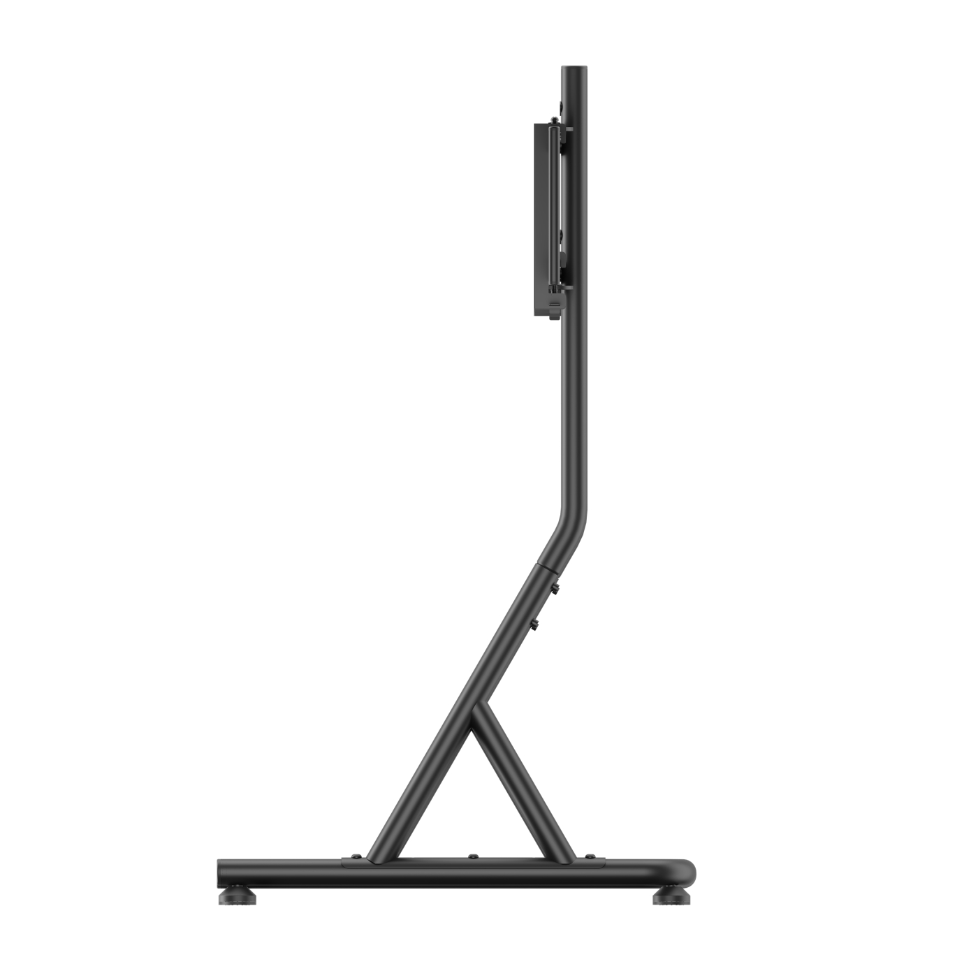 Een zwarte metalen tv-standaard, zijaanzicht. De standaard heeft een basis met twee voeten, een verticale paal en een beugel.