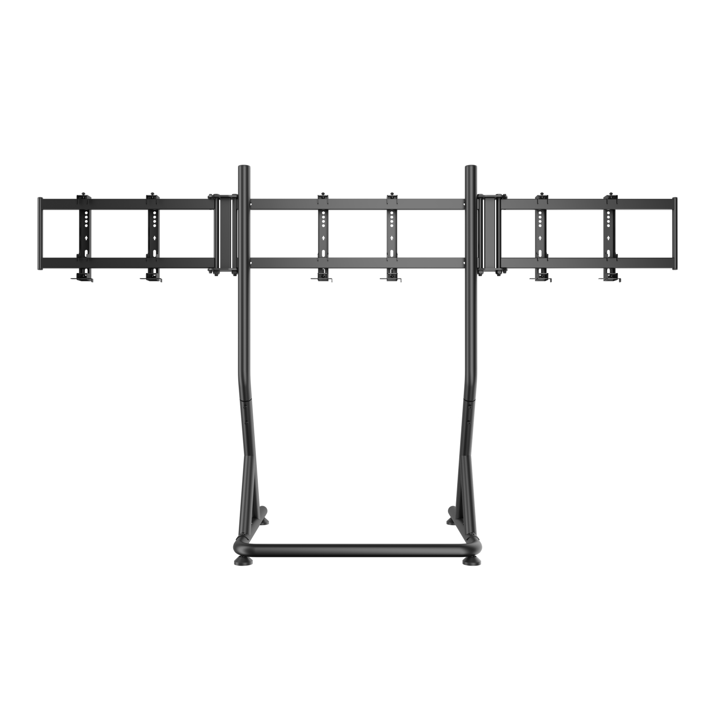 Een zwarte metalen tv-standaard, ontworpen om meerdere schermen te ondersteunen. Het heeft een stevige basis en ondersteunt drie horizontale beugels.