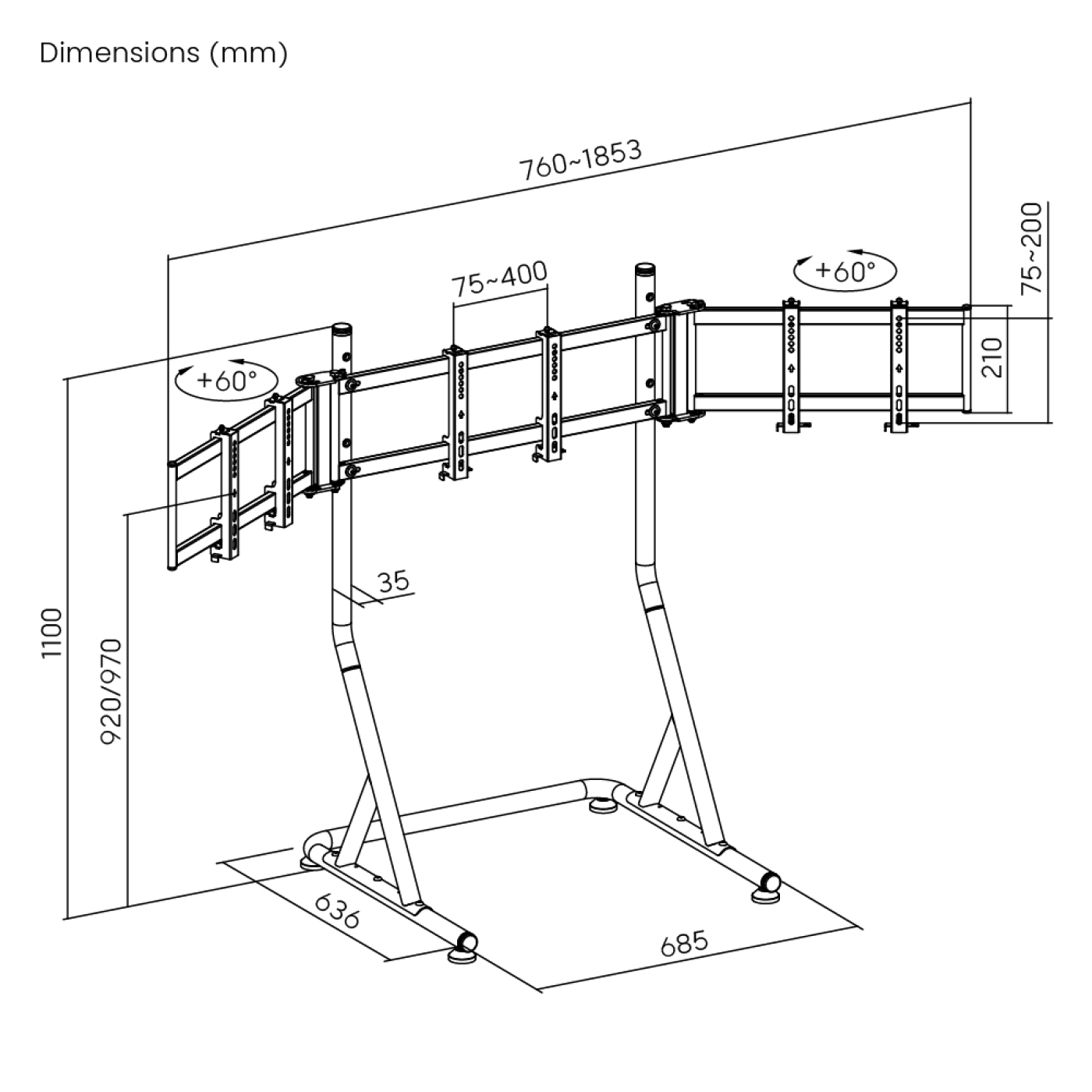 Diagram van een drievoudige monitorstandaard met afmetingen in millimeters. De standaard is zwart en heeft verstelbare armen.
