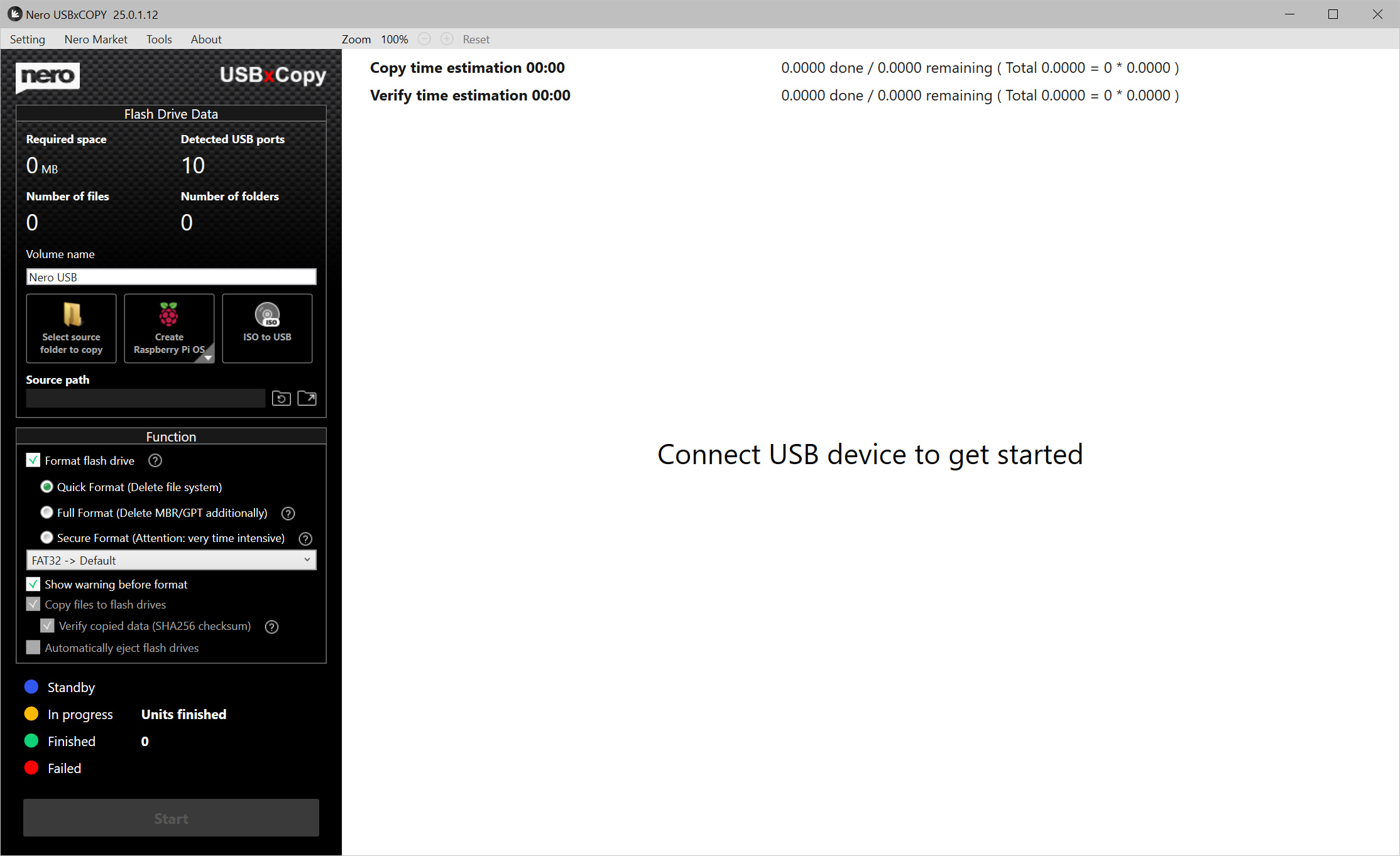 Interfaccia software Nero USBxCOPY con opzioni per operazioni di copia USB e formattazione unità flash.