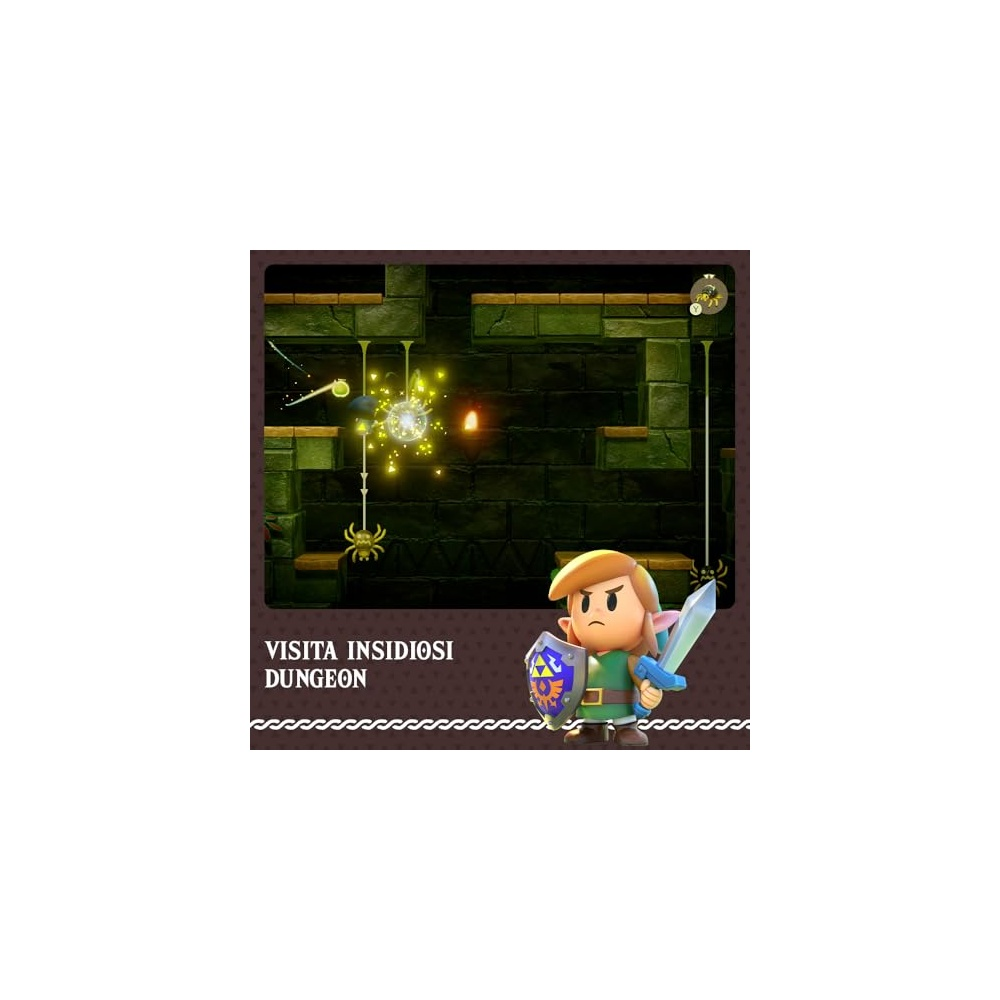 Un Link dei cartoni animati tiene una spada e uno scudo in un dungeon. Il dungeon ha muri di pietra, ragni e un globo luminoso.