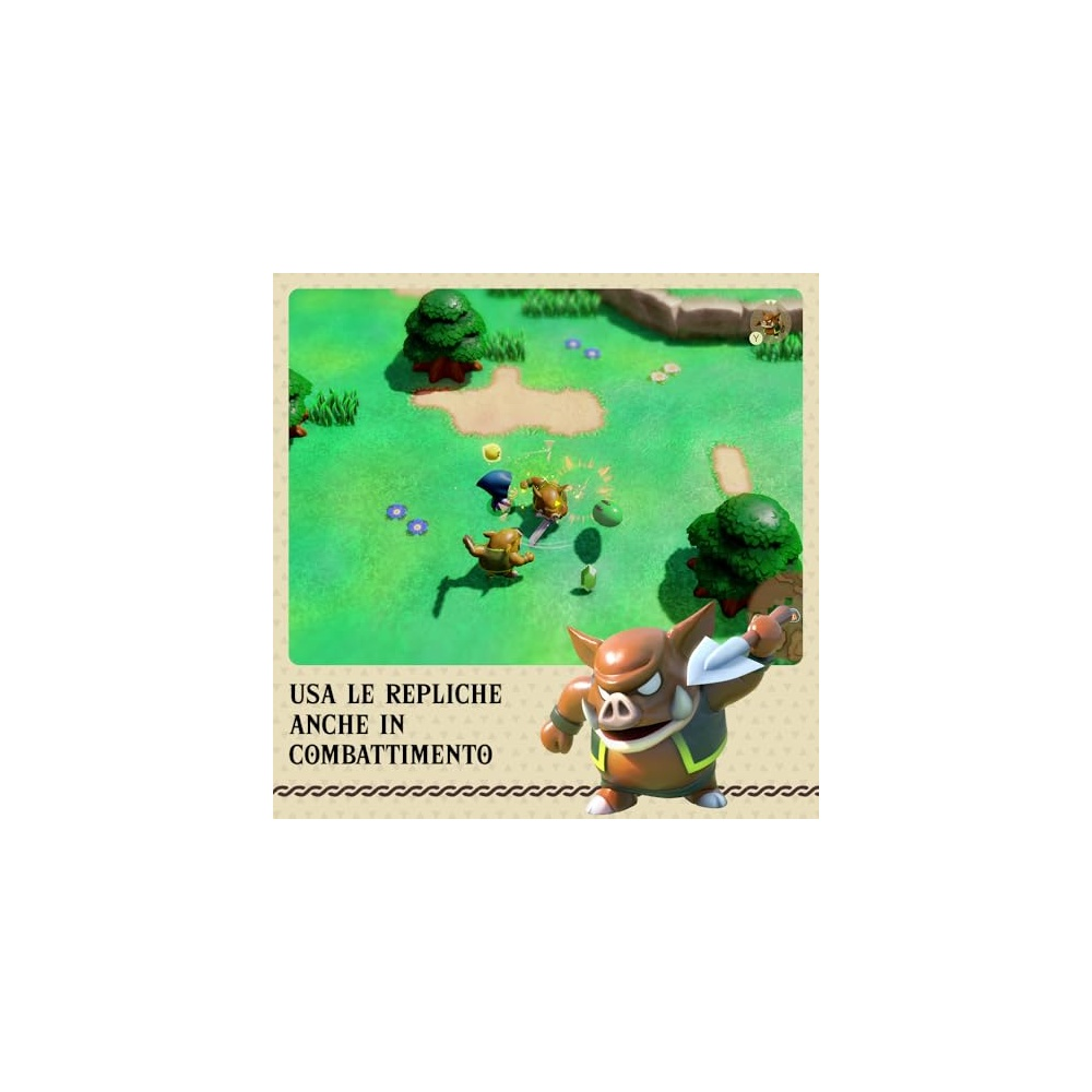 Una scena di gioco con personaggi che combattono sull'erba verde. Un personaggio simile a un maiale tiene un'arma. Testo: Usa repliche in combattimento.