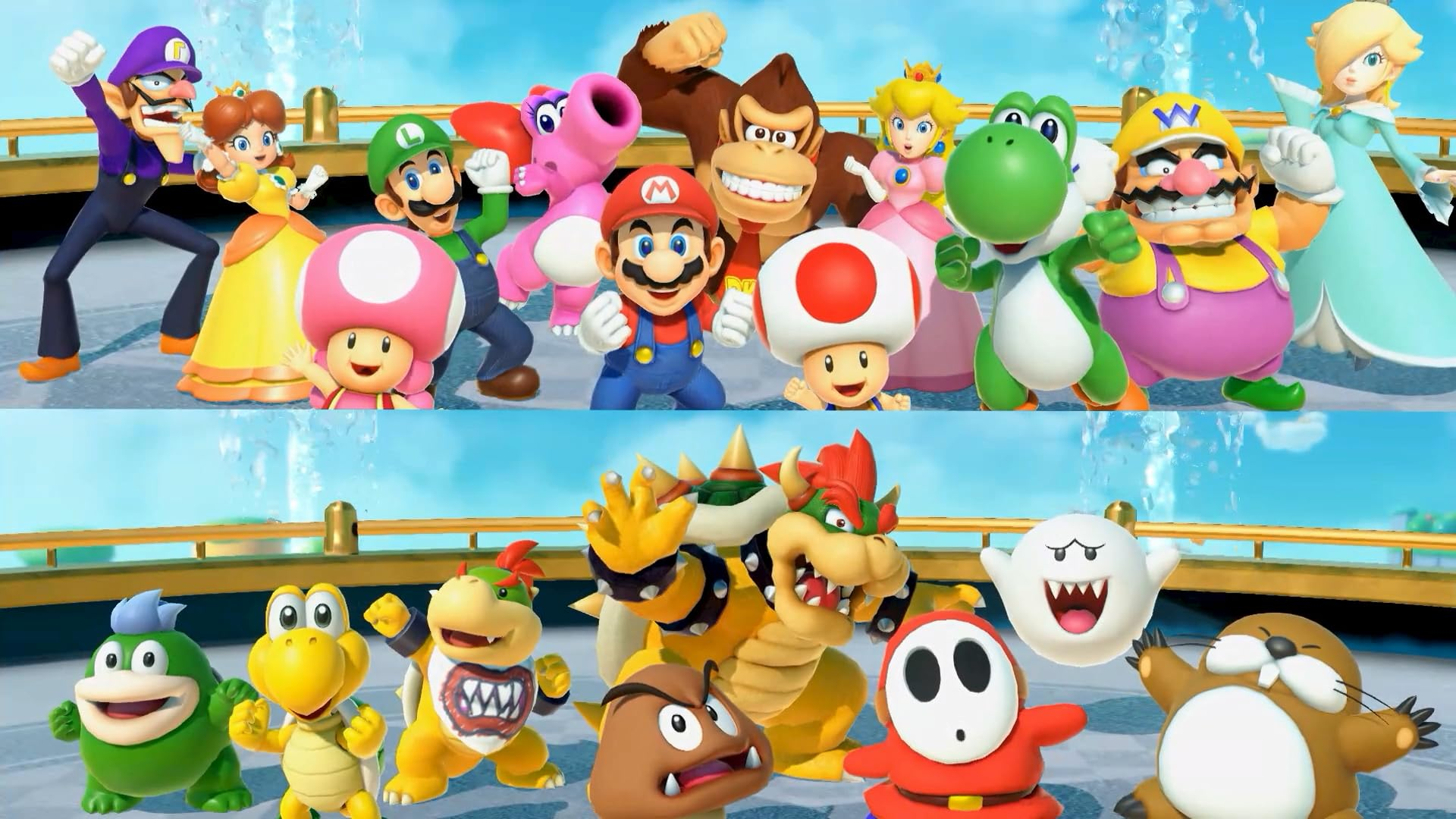 Un grupo de personajes de Mario, incluyendo a Mario, Luigi, Peach y Bowser, reunidos en una plataforma con agua en el fondo.