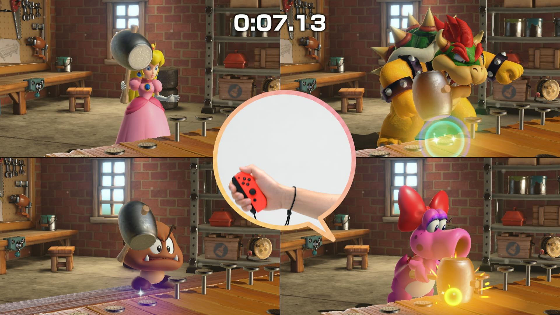 Personajes de Mario en un taller. La princesa Peach, Bowser, Goomba y Birdo están presentes. Una mano sostiene un mando rojo.