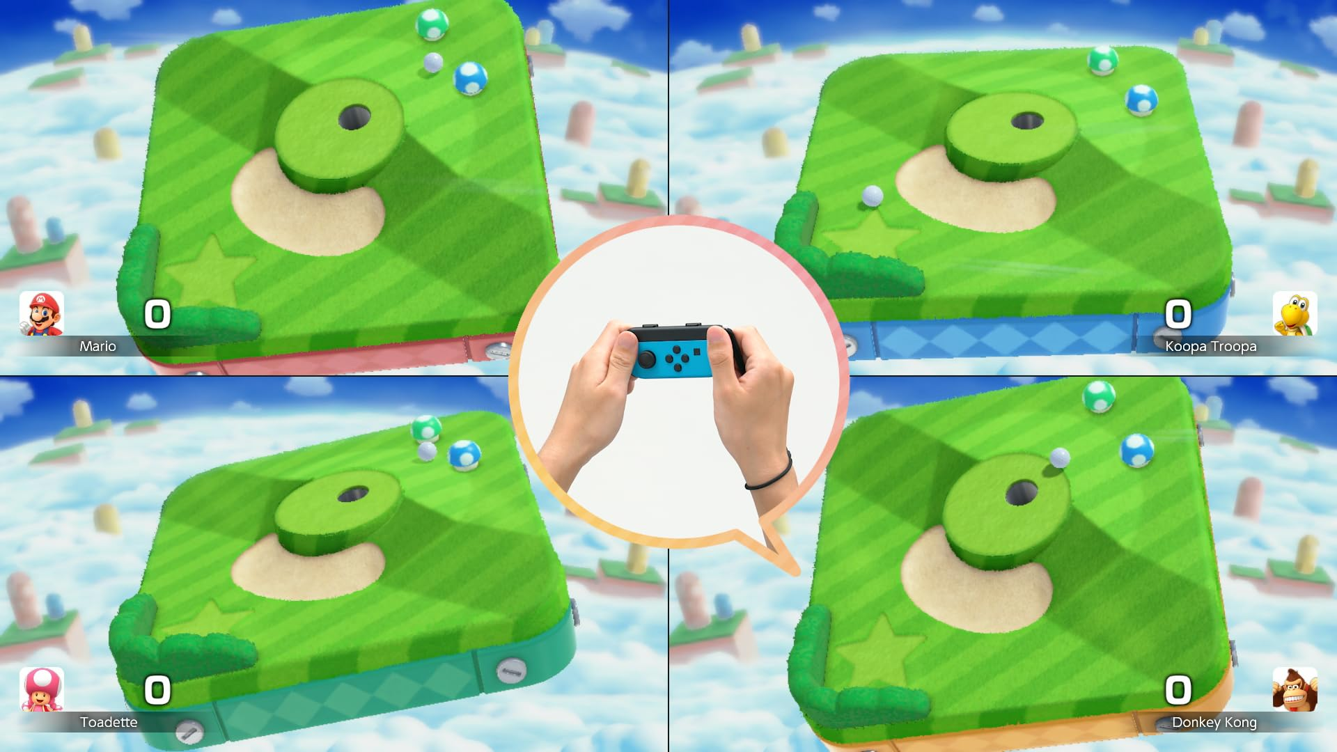 Una pantalla de juego muestra cuatro campos de golf. Una persona sostiene un mando azul. Se muestran Mario, Koopa Troopa, Toadette y Donkey Kong.
