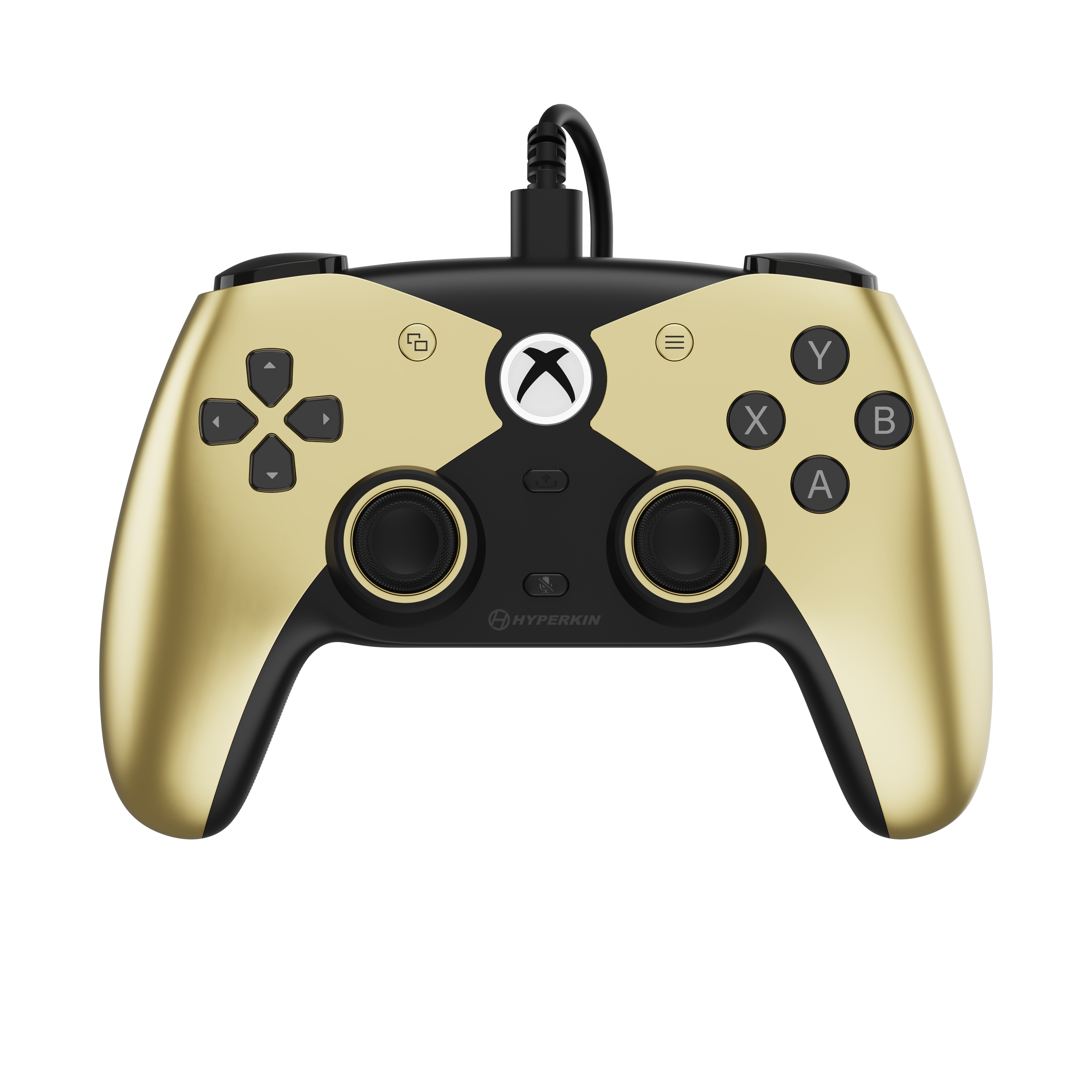 Controller Xbox oro e nero. Ha pulsanti e levette. Un cavo nero si collega in alto.