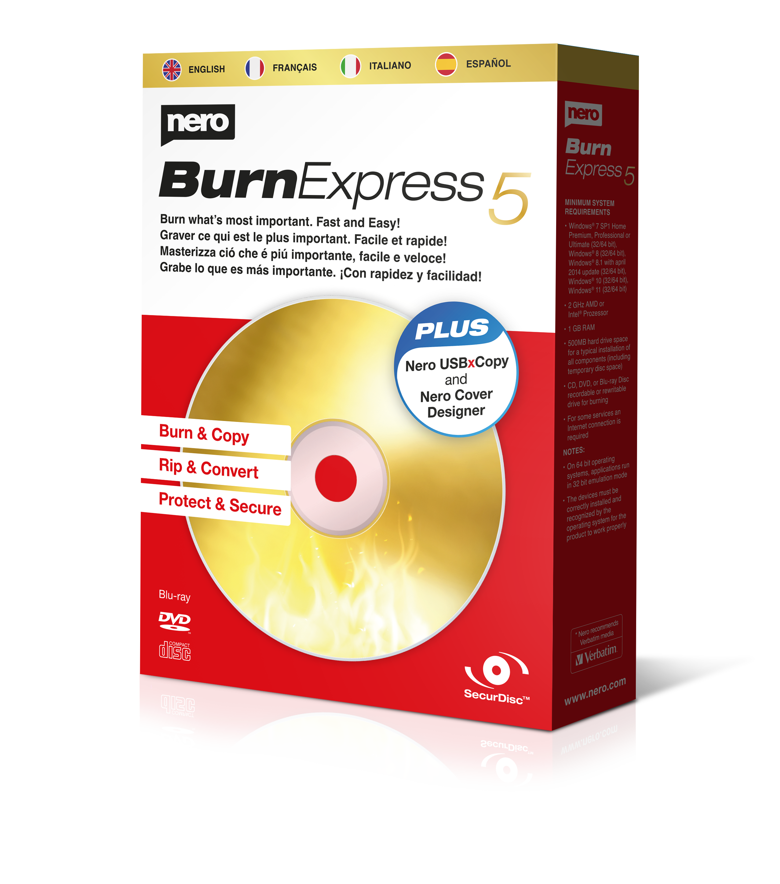 Scatola Nero BurnExpress 5. Disco dorato con centro rosso, testo rosso e bianco. Loghi Blu-ray, DVD e disco.