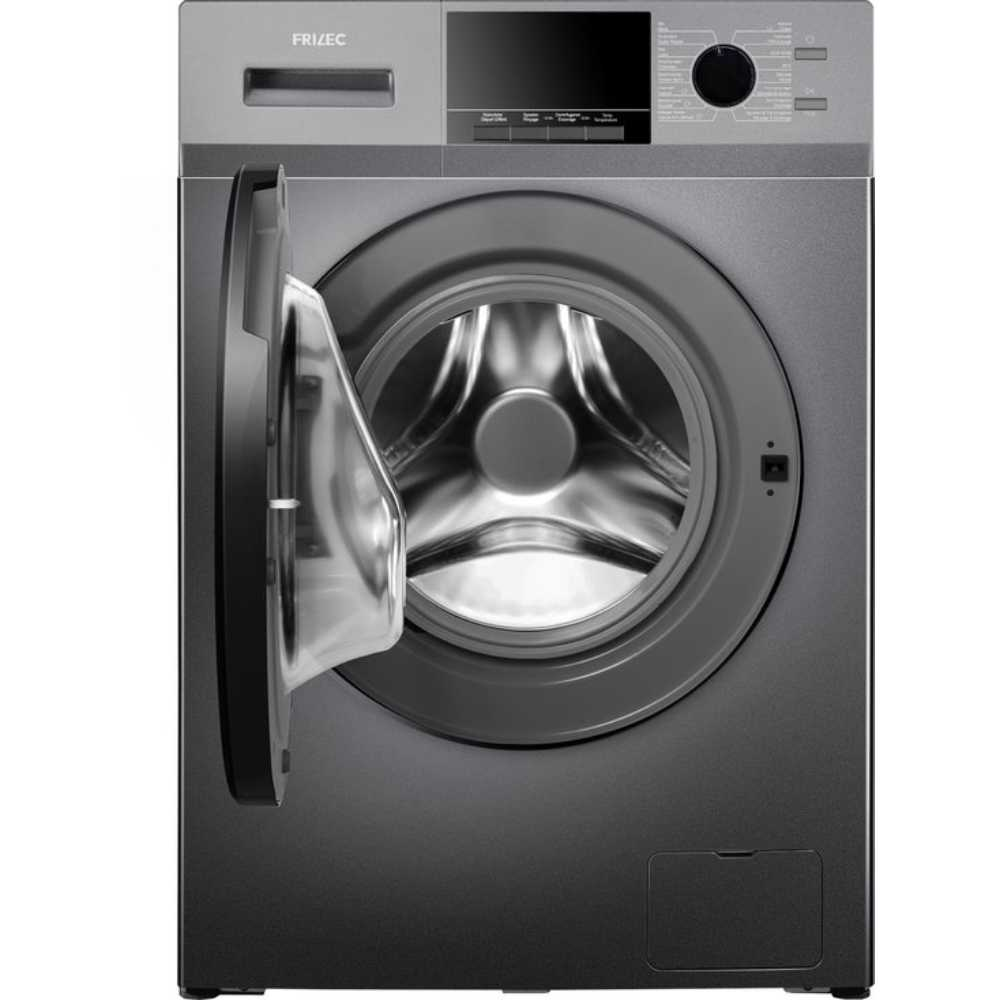 A gray washing machine with the door open. The brand name 'FRIZEC' is visible on the top.
