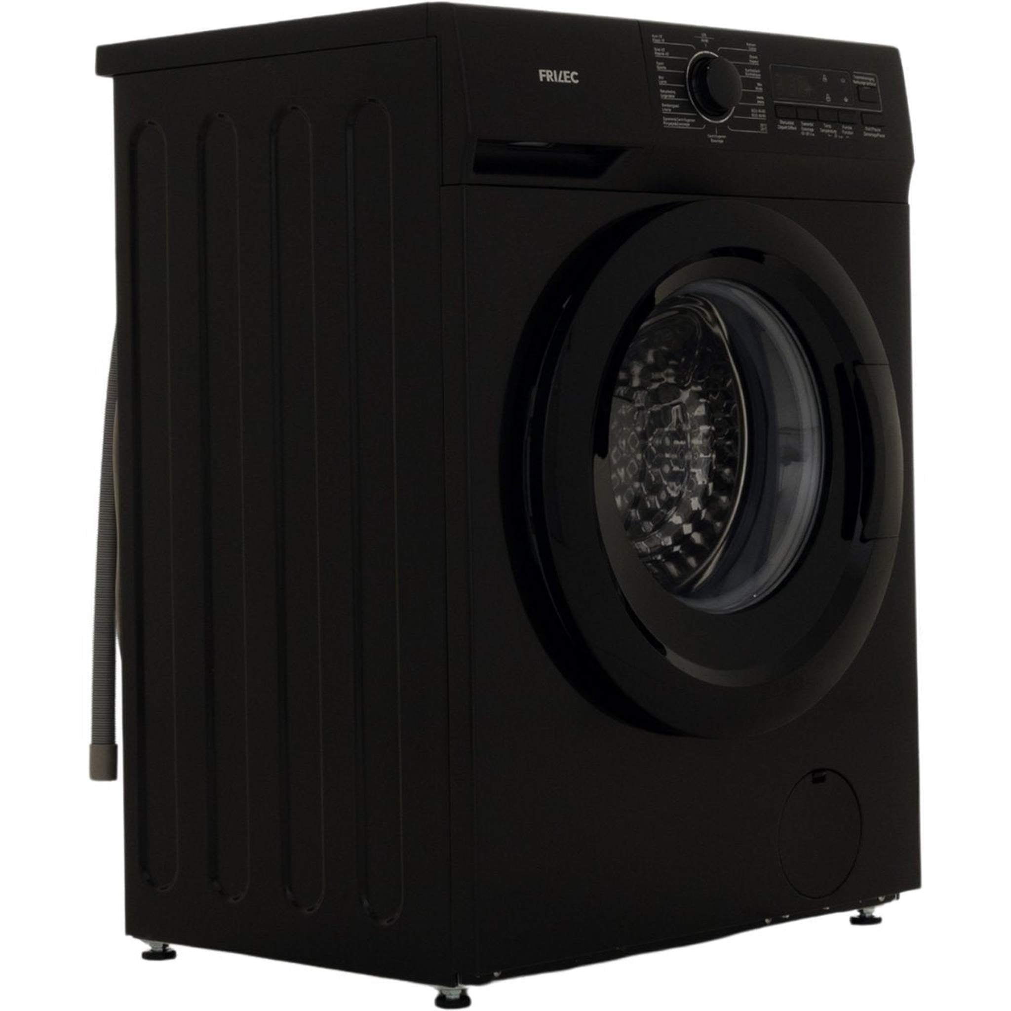 A black washing machine. It has a round door and control panel. The brand name, FR/LEC, is on the top.