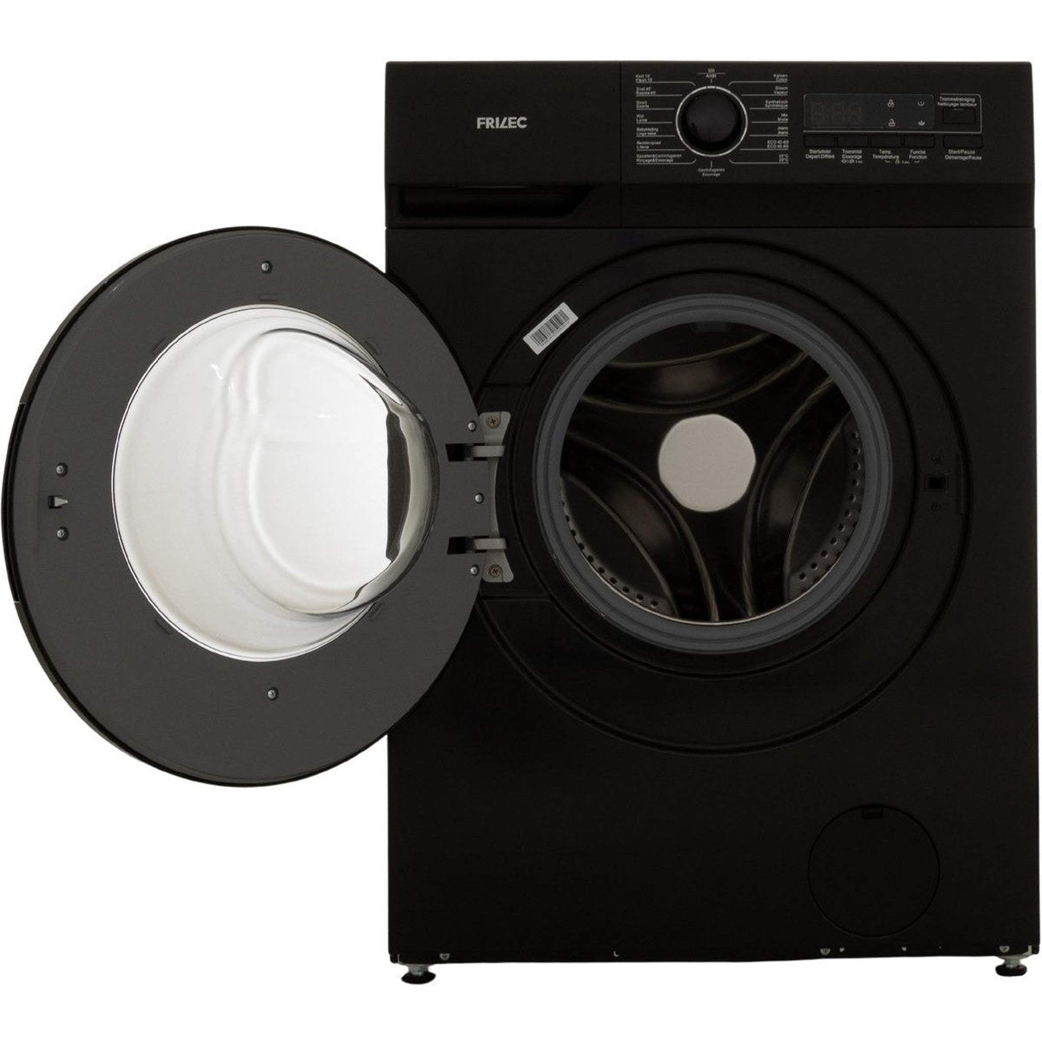 A black washing machine with an open door. The brand name is FRIZEC. The door is round with a glass window.