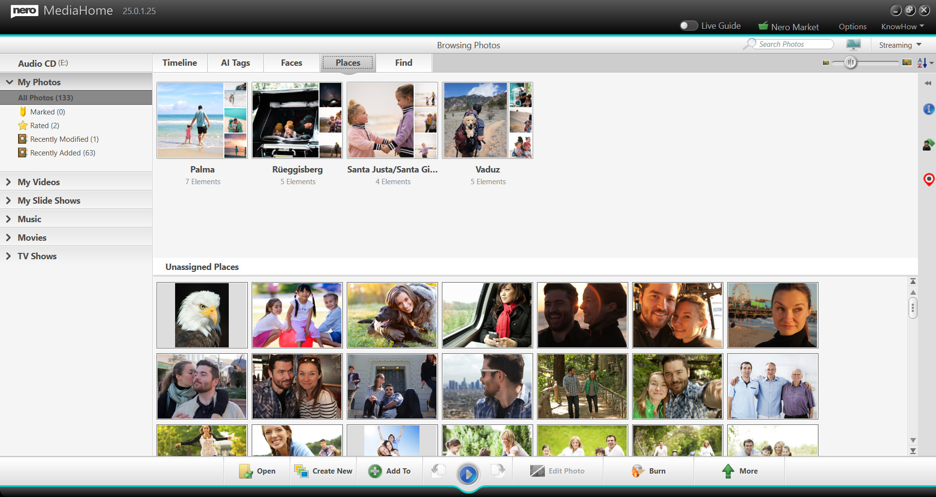 Interfejs Nero MediaHome z miniaturami zdjęć. Opcje obejmują oś czasu, tagi AI, twarze, miejsca i wyszukiwanie.