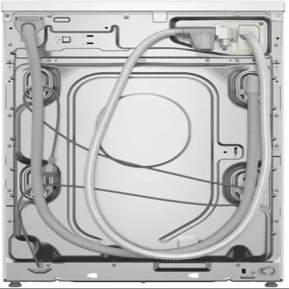 Back of a washing machine. Gray hoses, wires, and metal frame. A large circular indentation dominates the center.