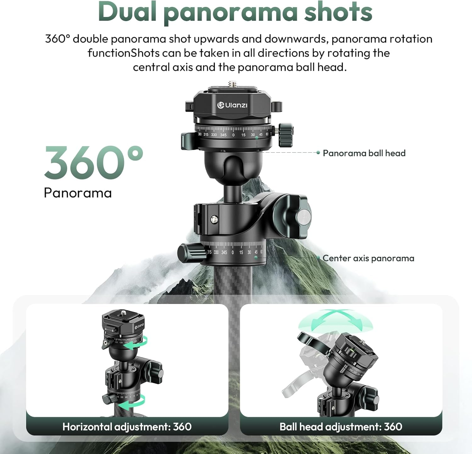 Una rótula de trípode Ulanzi negra con ajuste de 360 grados, que muestra opciones de ajuste horizontal y de rótula para tomas panorámicas.