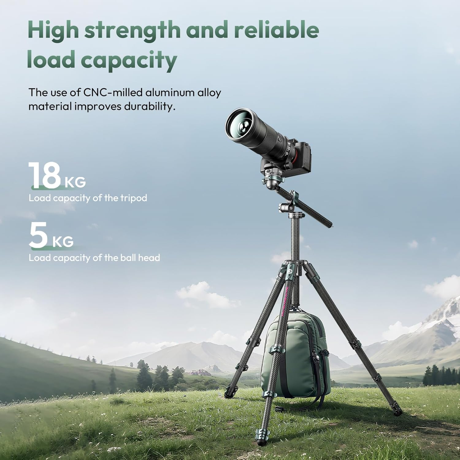 Una cámara en un trípode sobre un campo verde. Montañas al fondo. Texto indica capacidad de carga: 18 kg y 5 kg.