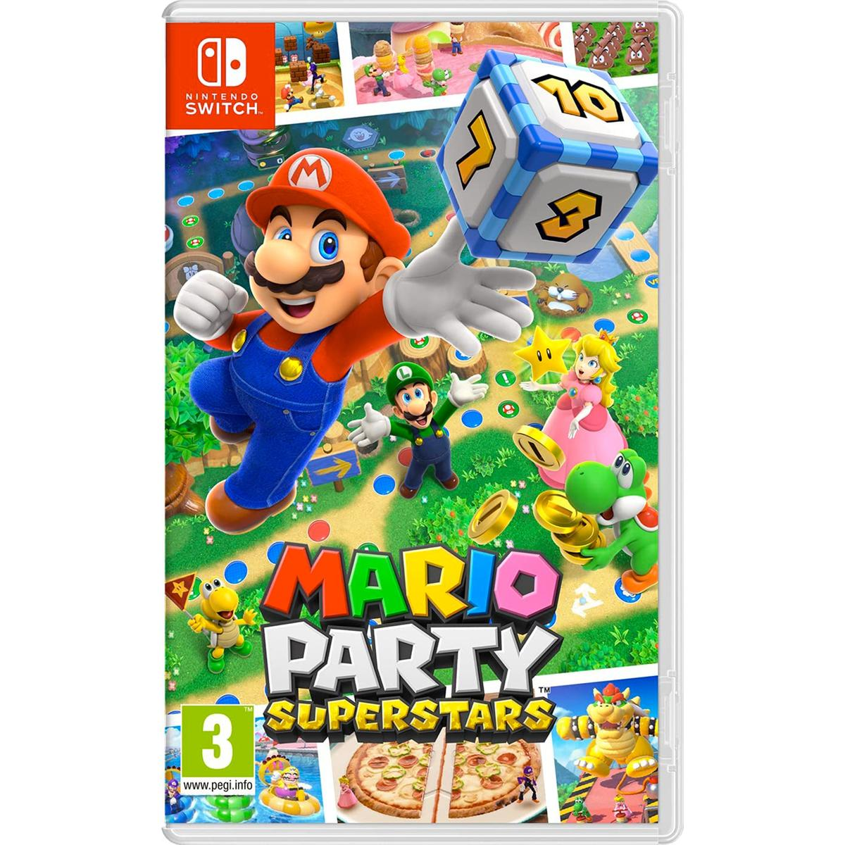 Copertina del gioco Mario Party Superstars. Sono presenti Mario, Luigi, Peach, Yoshi e un dado. Lo sfondo è un gioco da tavolo.