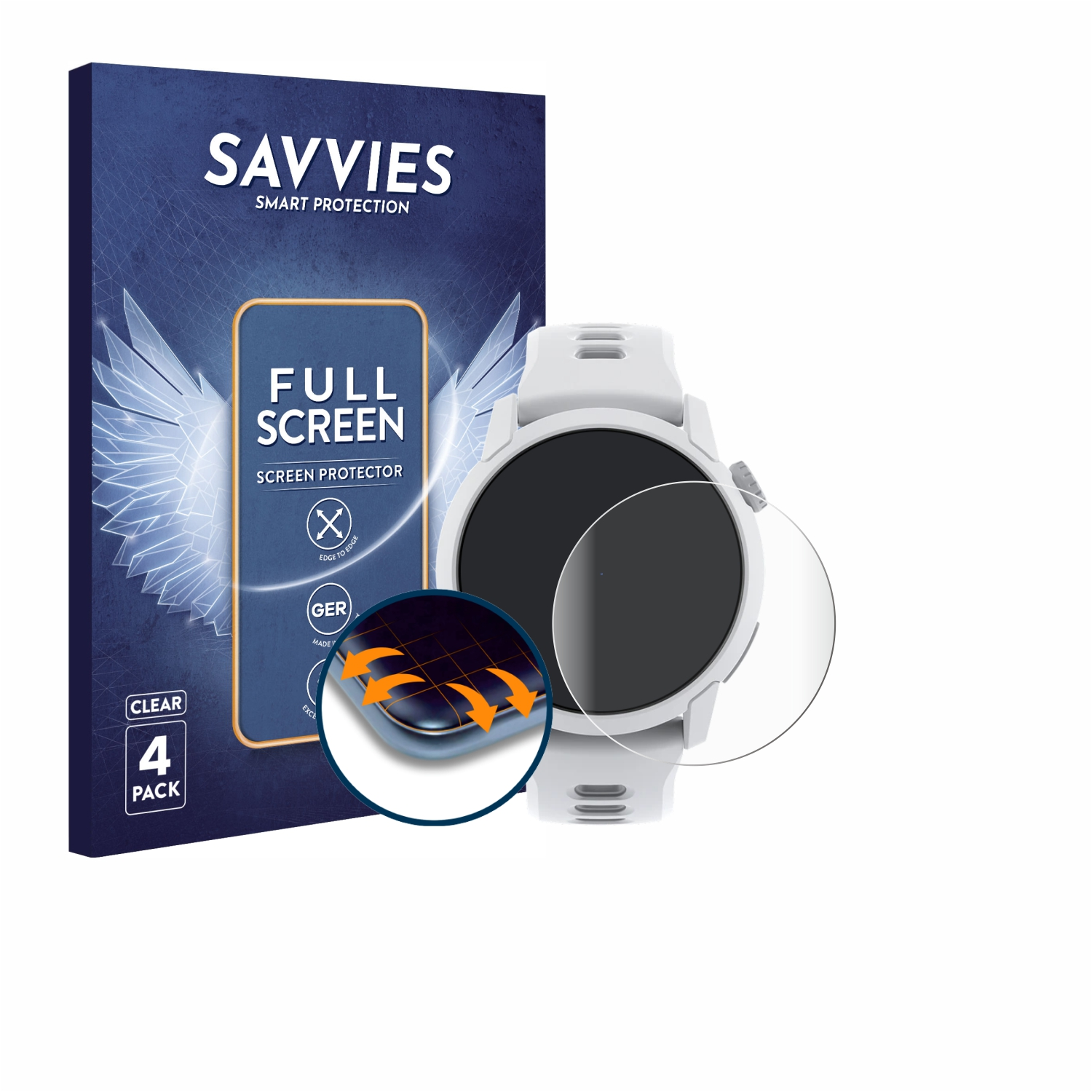 Eine Smartwatch mit Displayschutz, eine Box mit dem Text "Savvies" und "Full Screen".