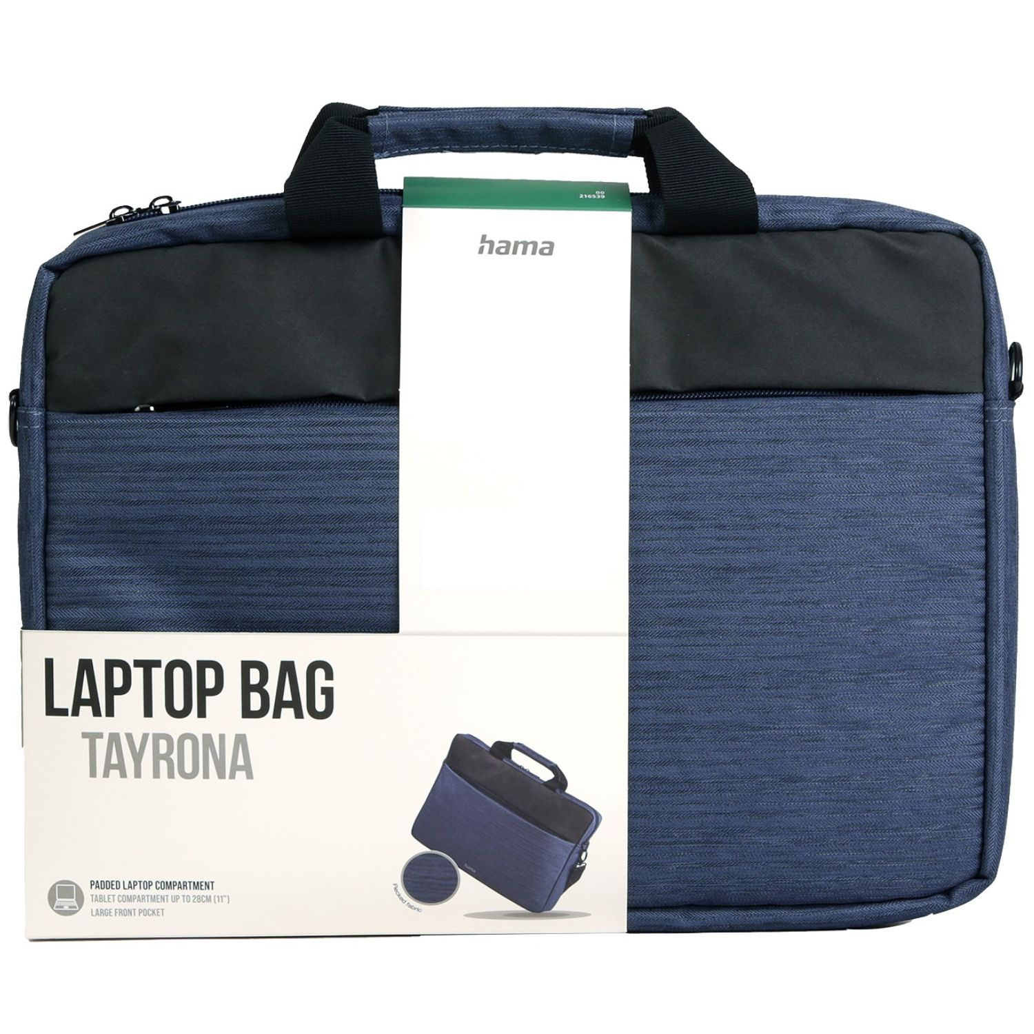 Eine blaue Laptoptasche, Modell Tayrona, mit schwarzem Griff und einem weißen Etikett mit Marke und Eigenschaften. Die Tasche ist auf weißem Hintergrund.