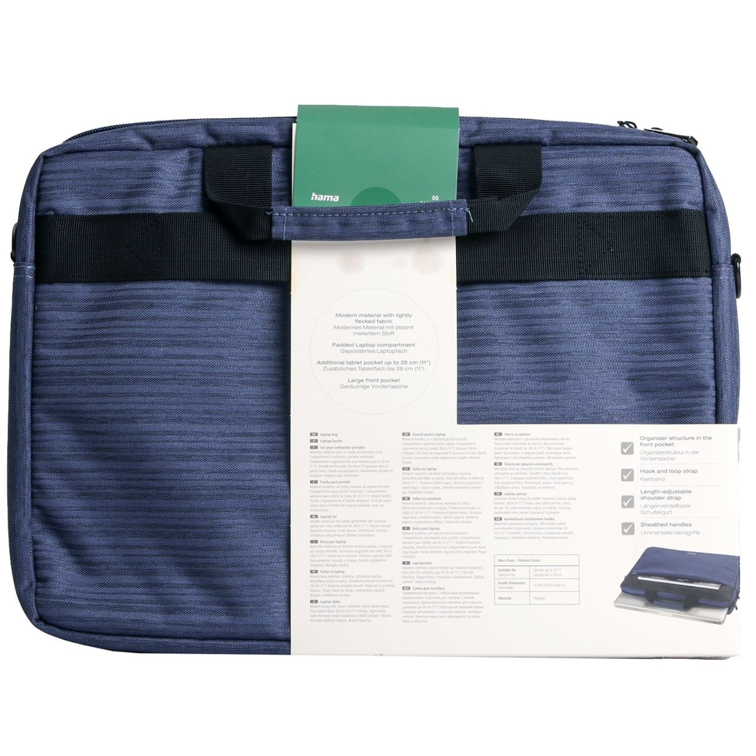 Blaue Laptoptasche mit grünem Etikett. Hat schwarze Träger und ein weißes Etikett mit Details.