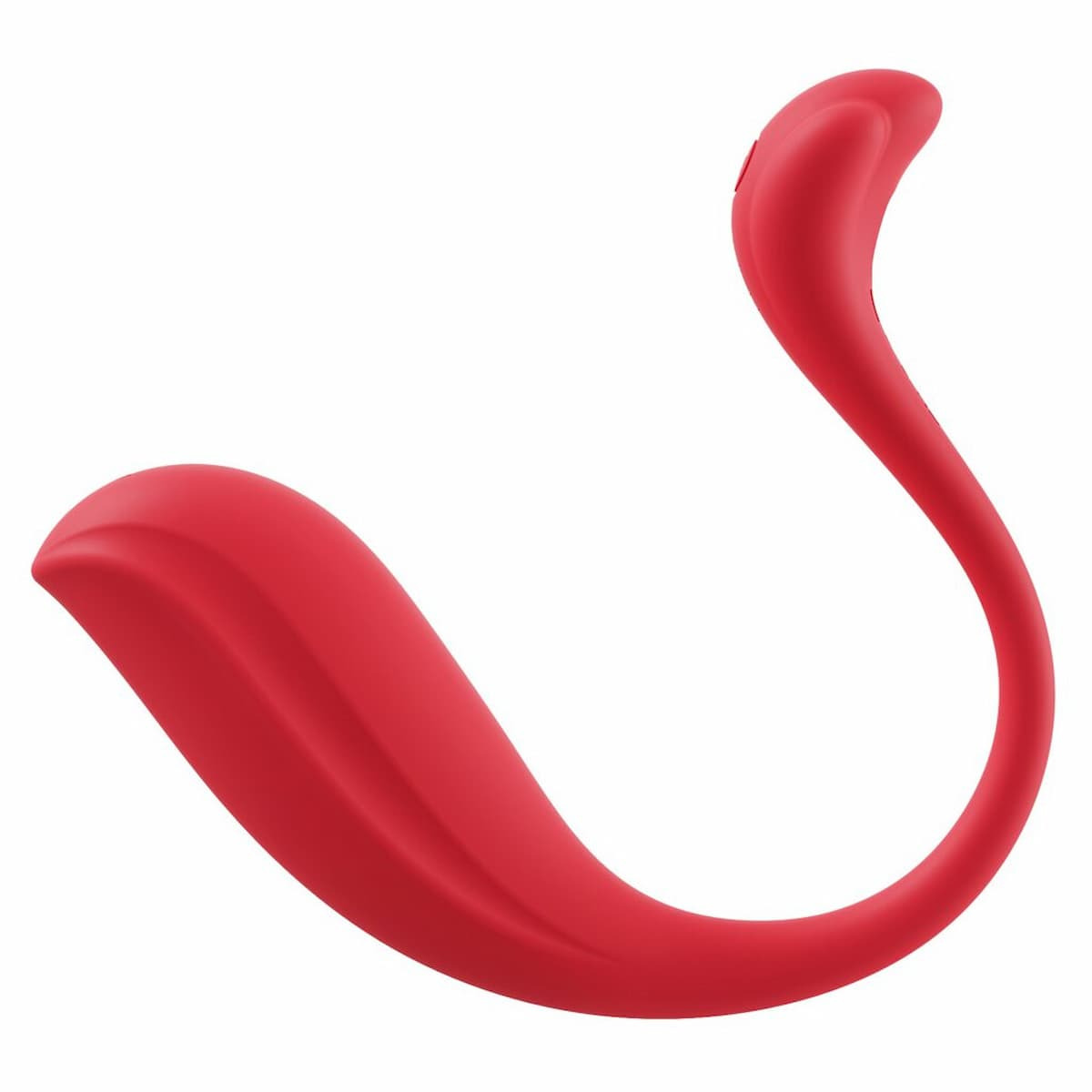 Auf weißem Hintergrund ist ein roter Vibrator zu sehen. Er hat eine geschwungene Form mit abgerundeter Basis und langem, schlanken, gebogenen Hals.