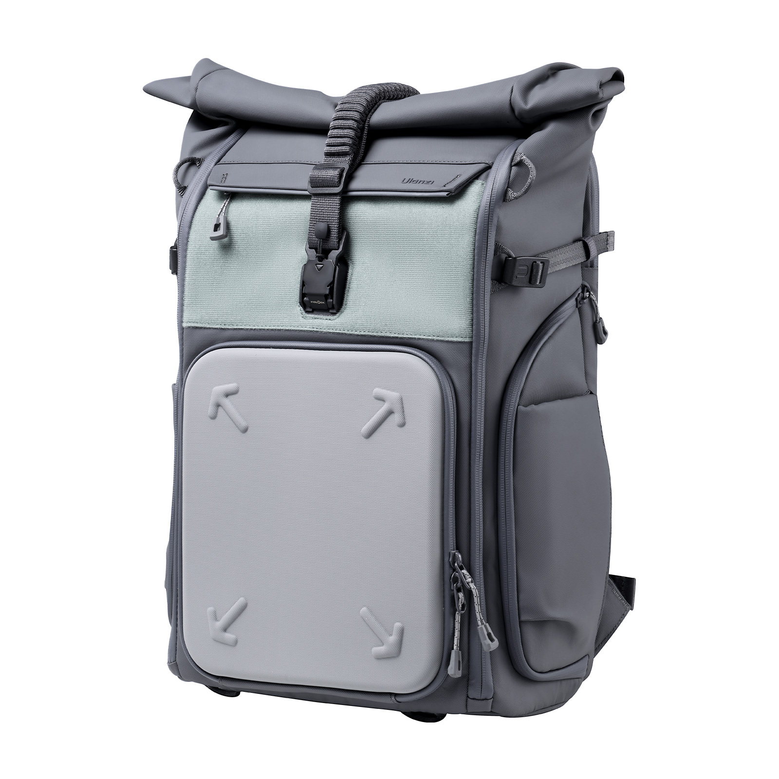 Grauer und tealfarbener Rucksack mit mehreren Fächern, Gurten und einem Rolltop-Verschluss. Enthält Pfeile auf der Vorderseite.