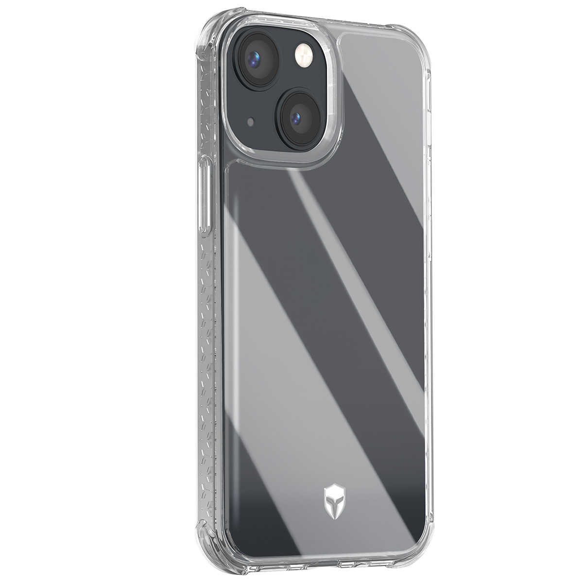 Una custodia trasparente per telefono con sfumatura grigia, con doppia fotocamera. La custodia ha un bordo strutturato e un logo visibile.