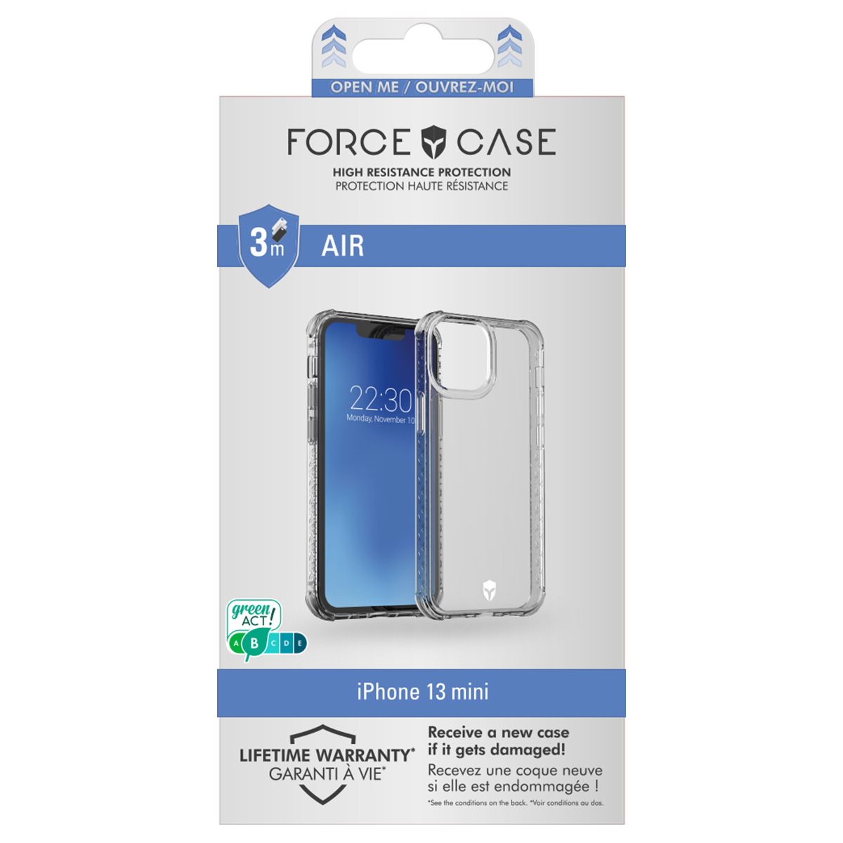 Una confezione di custodia per telefono con un iPhone 13 mini all'interno. La confezione è bianca e blu, con testo che descrive le caratteristiche.