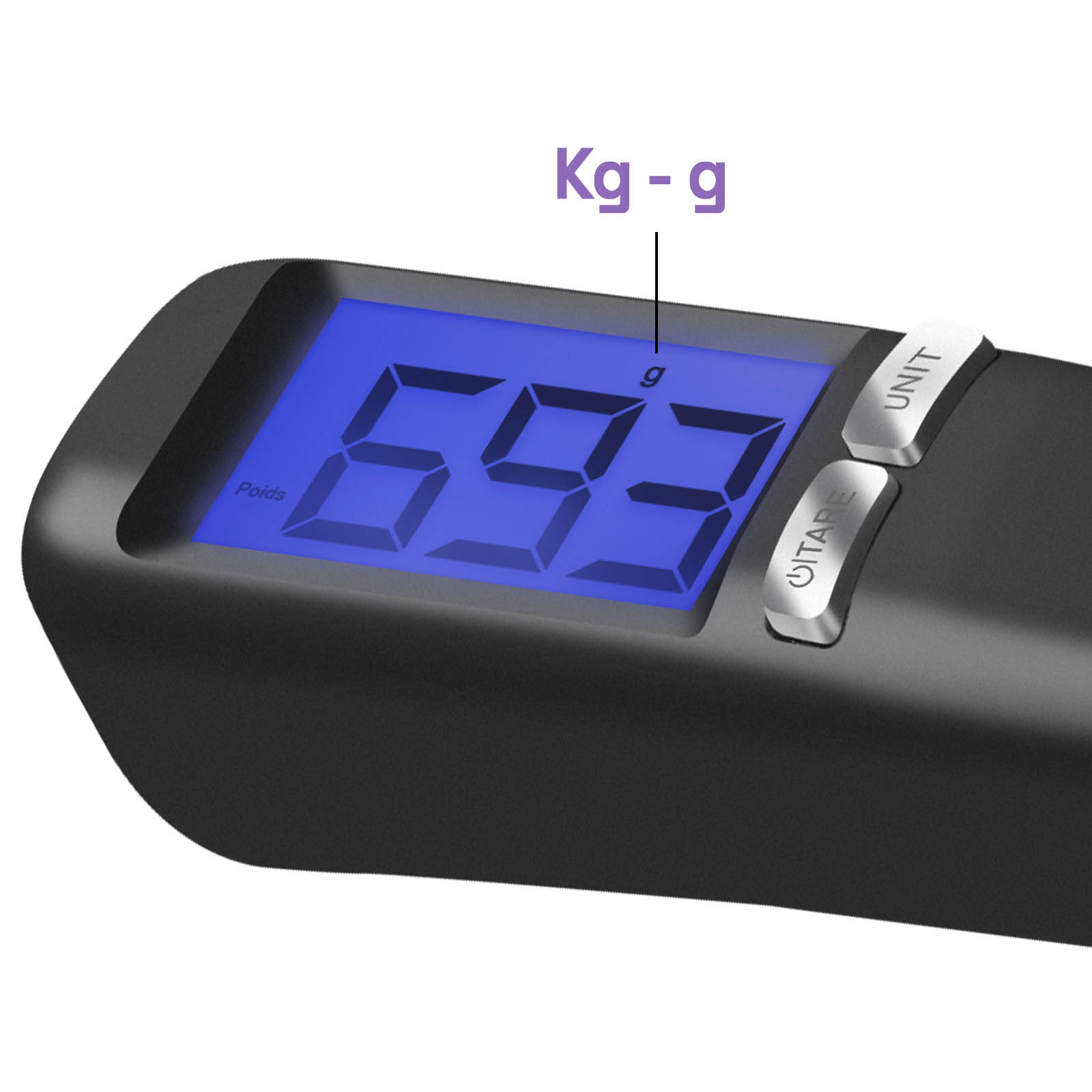 Digitale Waage mit 693g. Schwarzes Gehäuse, blaues Display, silberne Tasten für Einheit und Tara. Kg-g-Etikett.