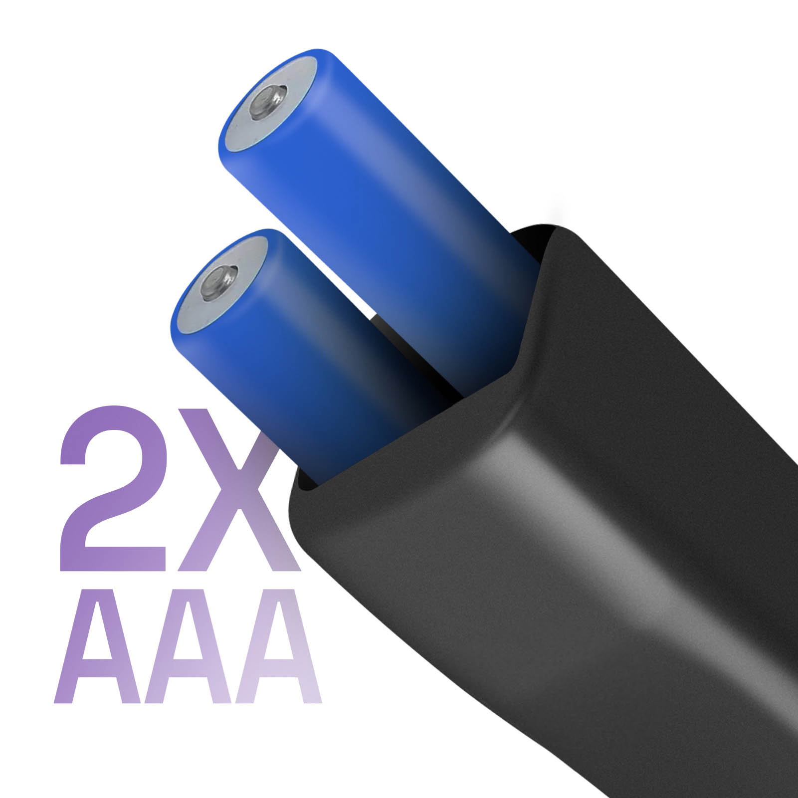 Zwei blaue AAA-Batterien in einem schwarzen Halter, mit einem Text "2X AAA".