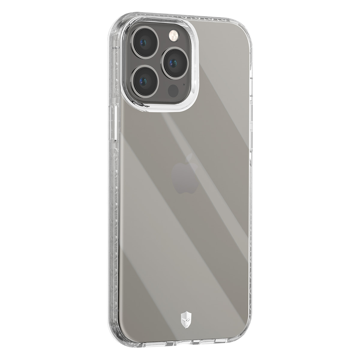 Custodia trasparente per iPhone con tre obiettivi. La custodia è trasparente, mostrando il retro del telefono con un logo.