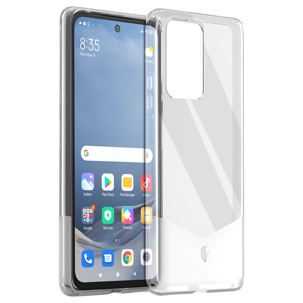 Uno smartphone in una custodia trasparente. Lo schermo mostra app, ora 8:35 e data. La custodia è trasparente, rivelando il design.