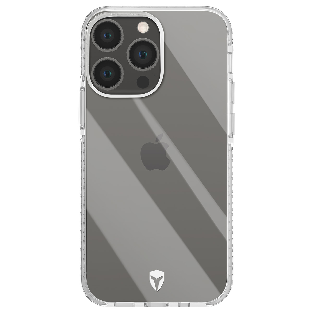 Una custodia trasparente per telefono con un telefono grigio all'interno, che mostra il logo Apple e le lenti della fotocamera. La custodia ha un design protettivo.