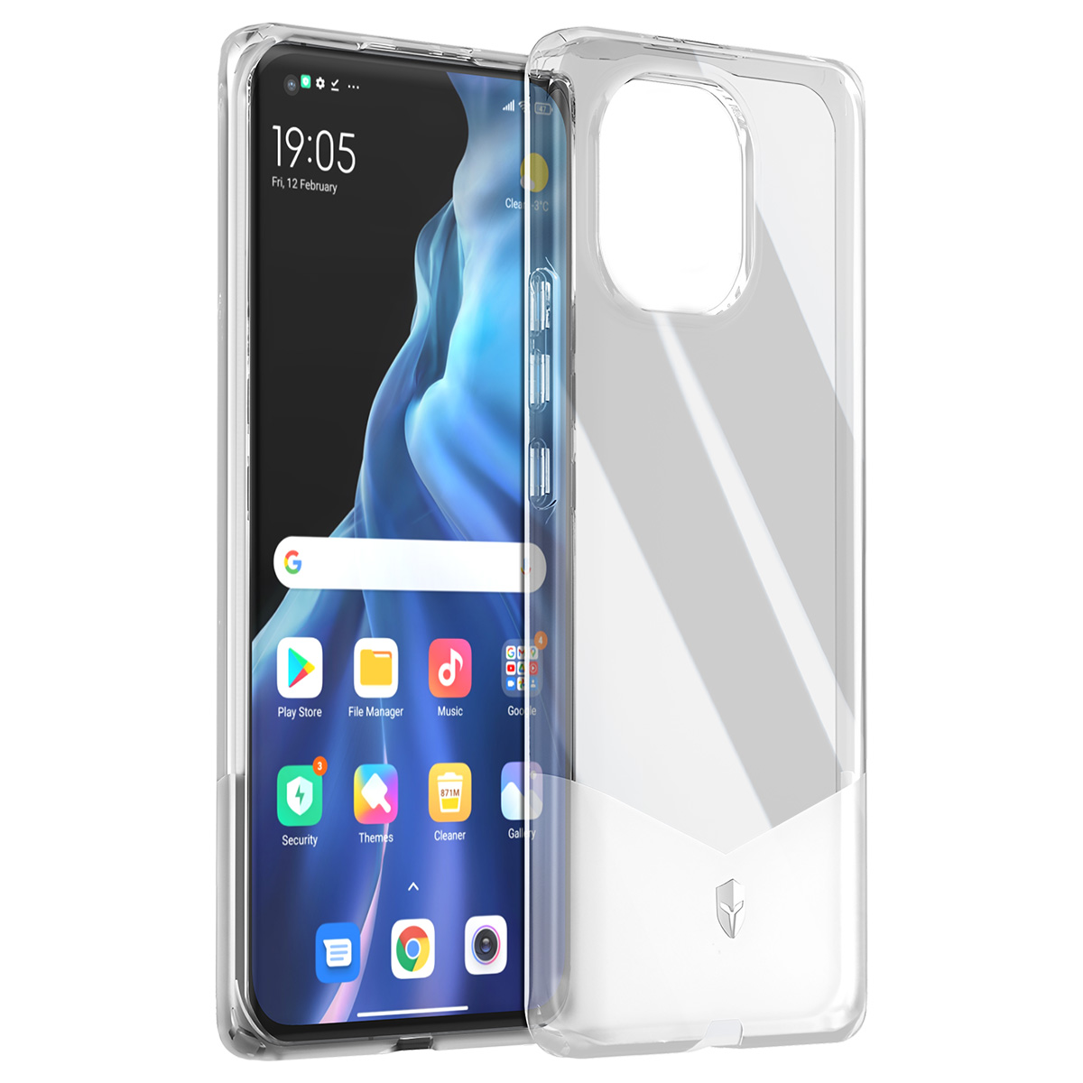 Uno smartphone con una custodia trasparente. Lo schermo mostra l'ora, le icone delle app e una barra di ricerca. La custodia copre parzialmente lo schermo.