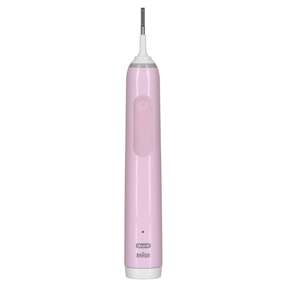 Un cepillo de dientes eléctrico rosa Oral-B Braun sobre fondo blanco. Tiene un botón de encendido y el logotipo de Oral-B Braun.