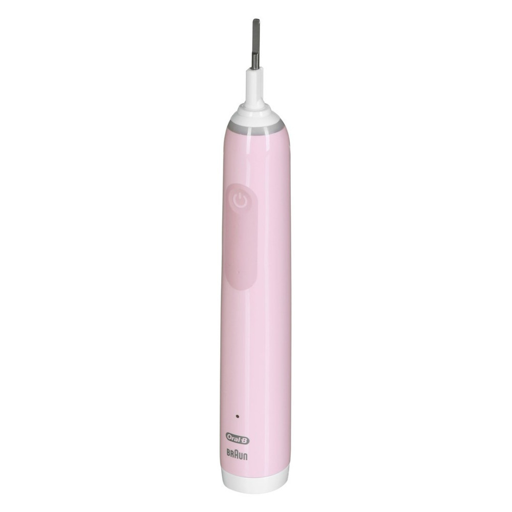 Un cepillo de dientes eléctrico rosa Oral-B Braun sobre fondo blanco. Tiene un cabezal blanco con cerdas grises y un botón de encendido.