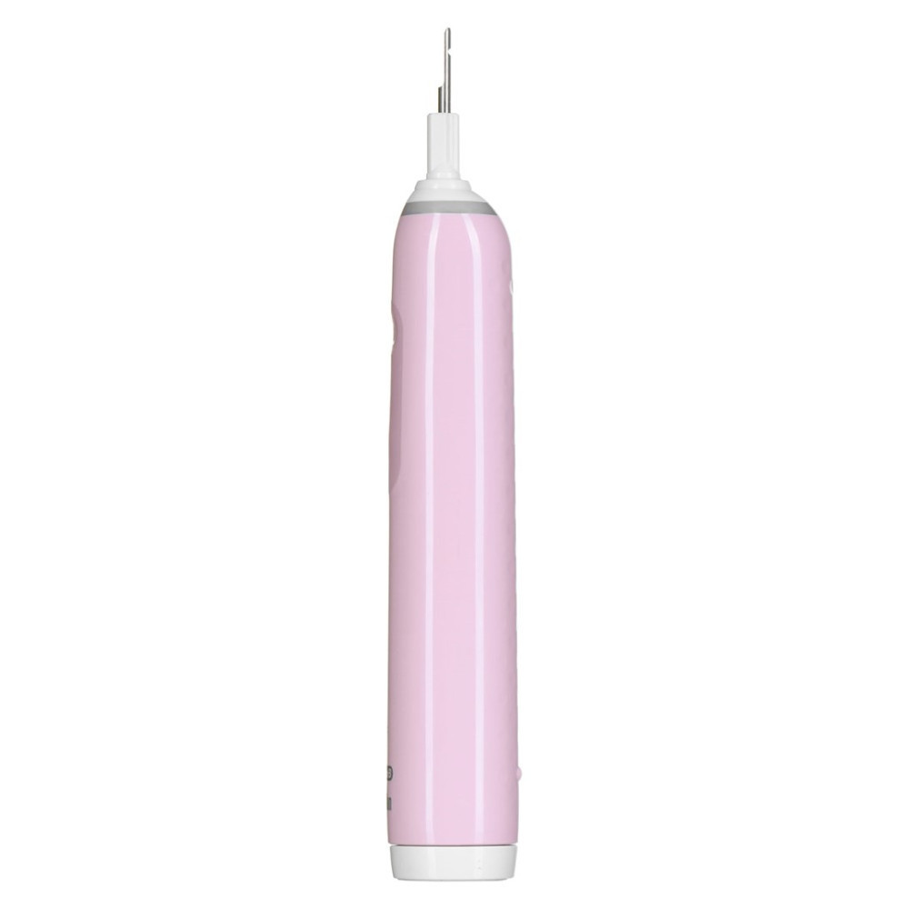 Un cepillo de dientes eléctrico rosa, en posición vertical, con cabezal blanco y cerdas plateadas. El mango es cilíndrico y tiene base blanca.
