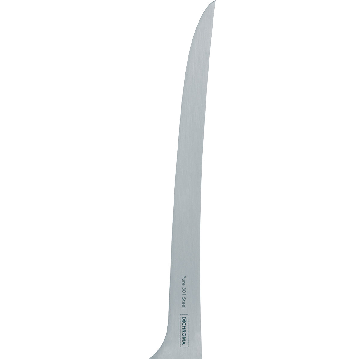 Ein gebogenes, silberfarbenes Messer mit scharfer Klinge. Der Griff ist nicht sichtbar. Auf der Klinge steht 'Pure 301 Steel' und 'CHROMA'.