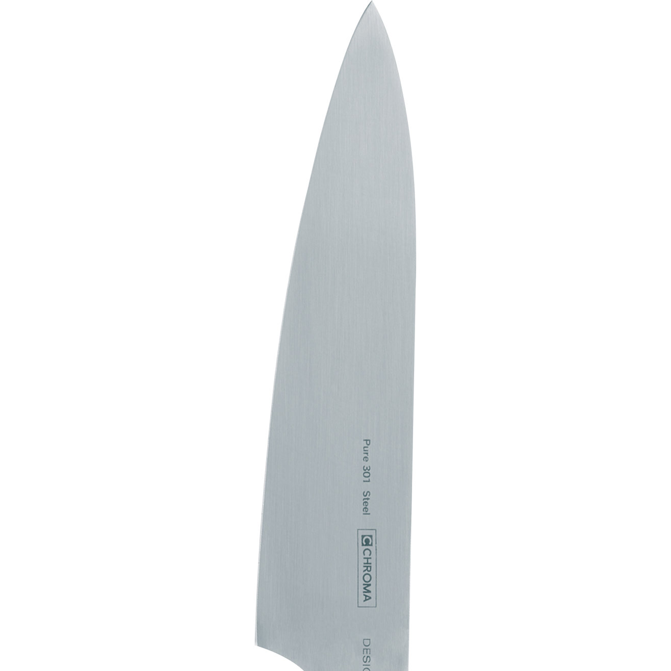 Nahaufnahme eines Edelstahl-Kochmessers. Die Klinge ist silberfarben und trägt die Aufschrift 'Pure 301 Steel' und 'CHROMA DESIGN'.
