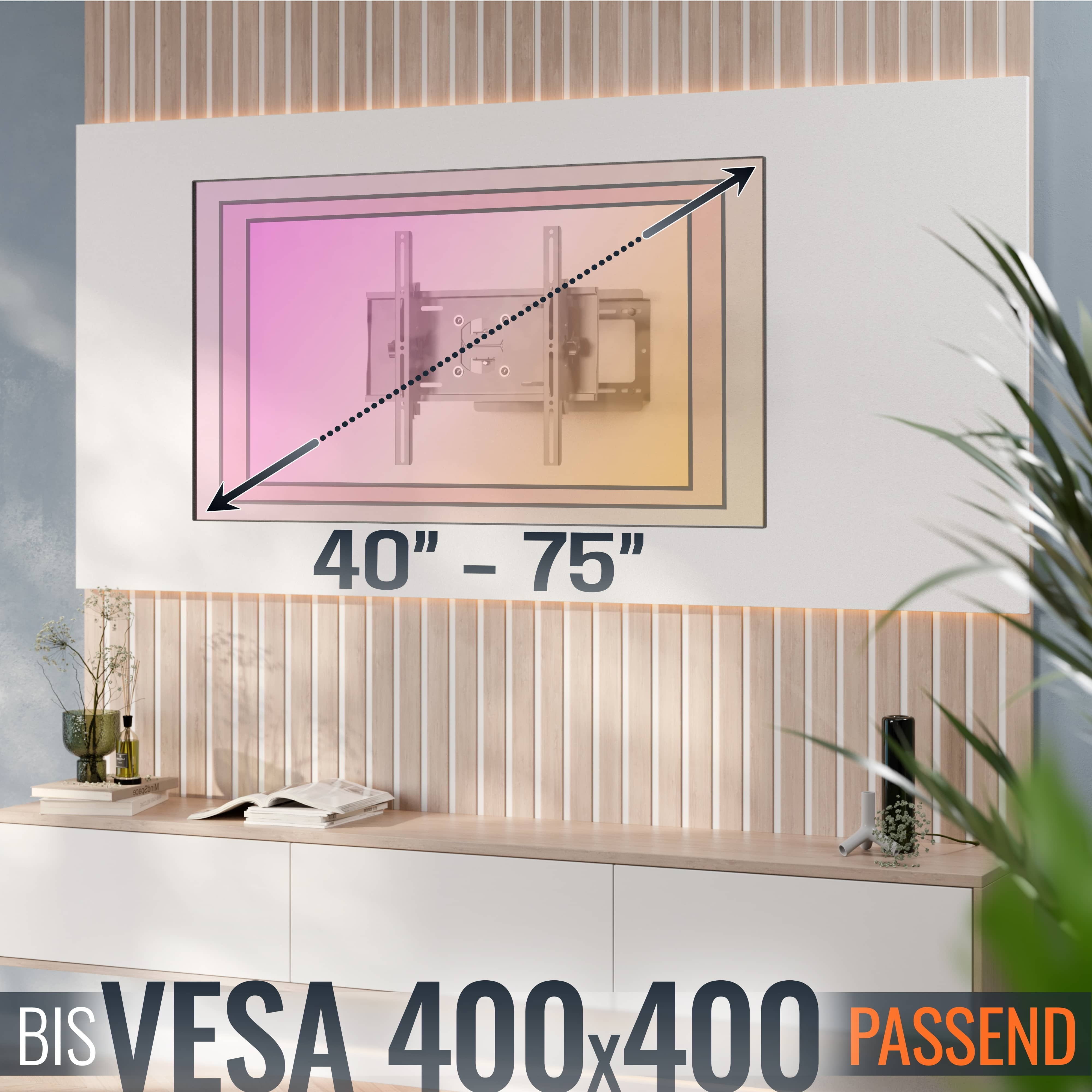TV-Halterung an der Wand mit Größenbereich 40"-75". Holzpaneel und Möbel unten. Text lautet 'VESA 400x400 PASSEND'.
