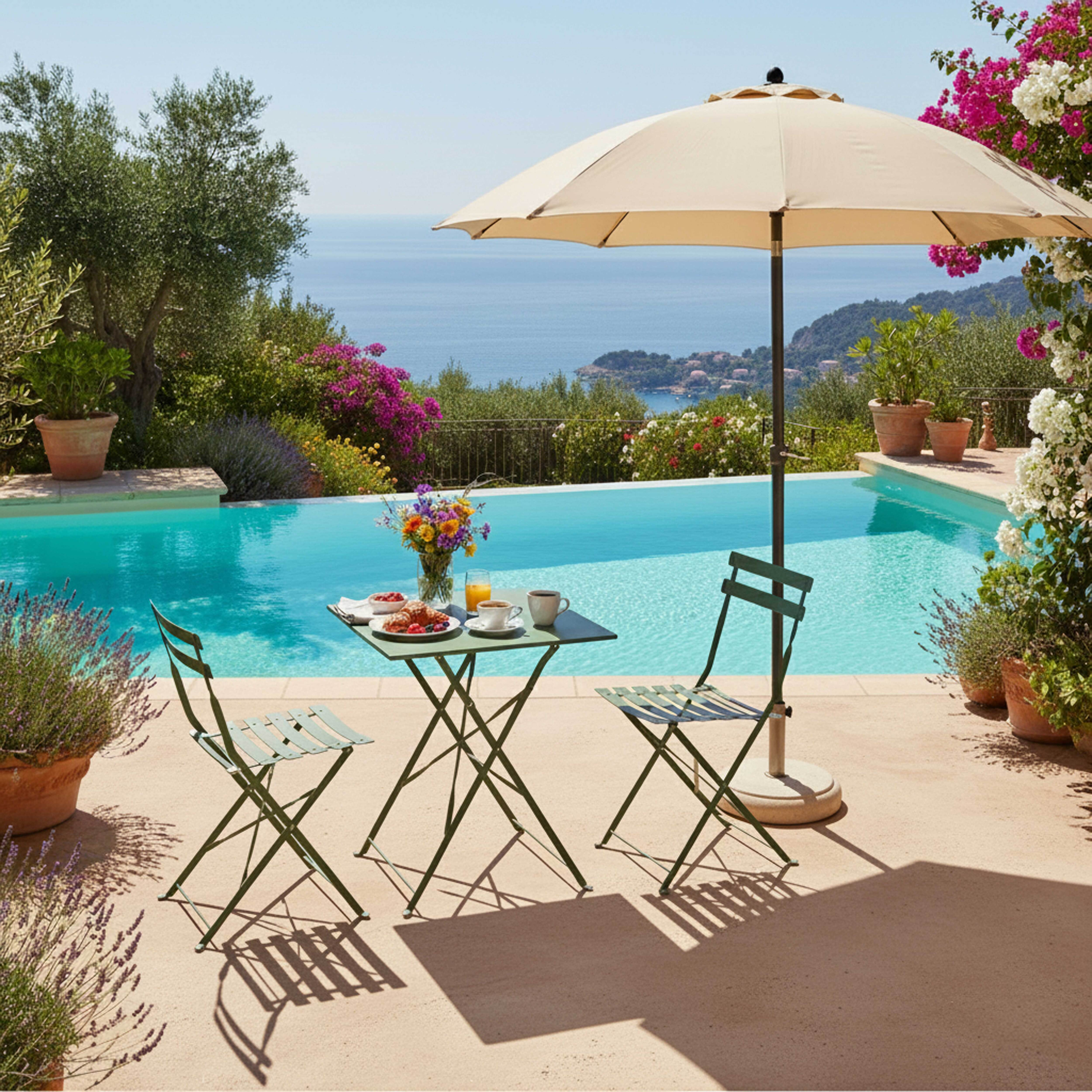 Ein Tisch und Stühle stehen an einem Pool mit einem Sonnenschirm. Blumen und das Meer sind im Hintergrund.