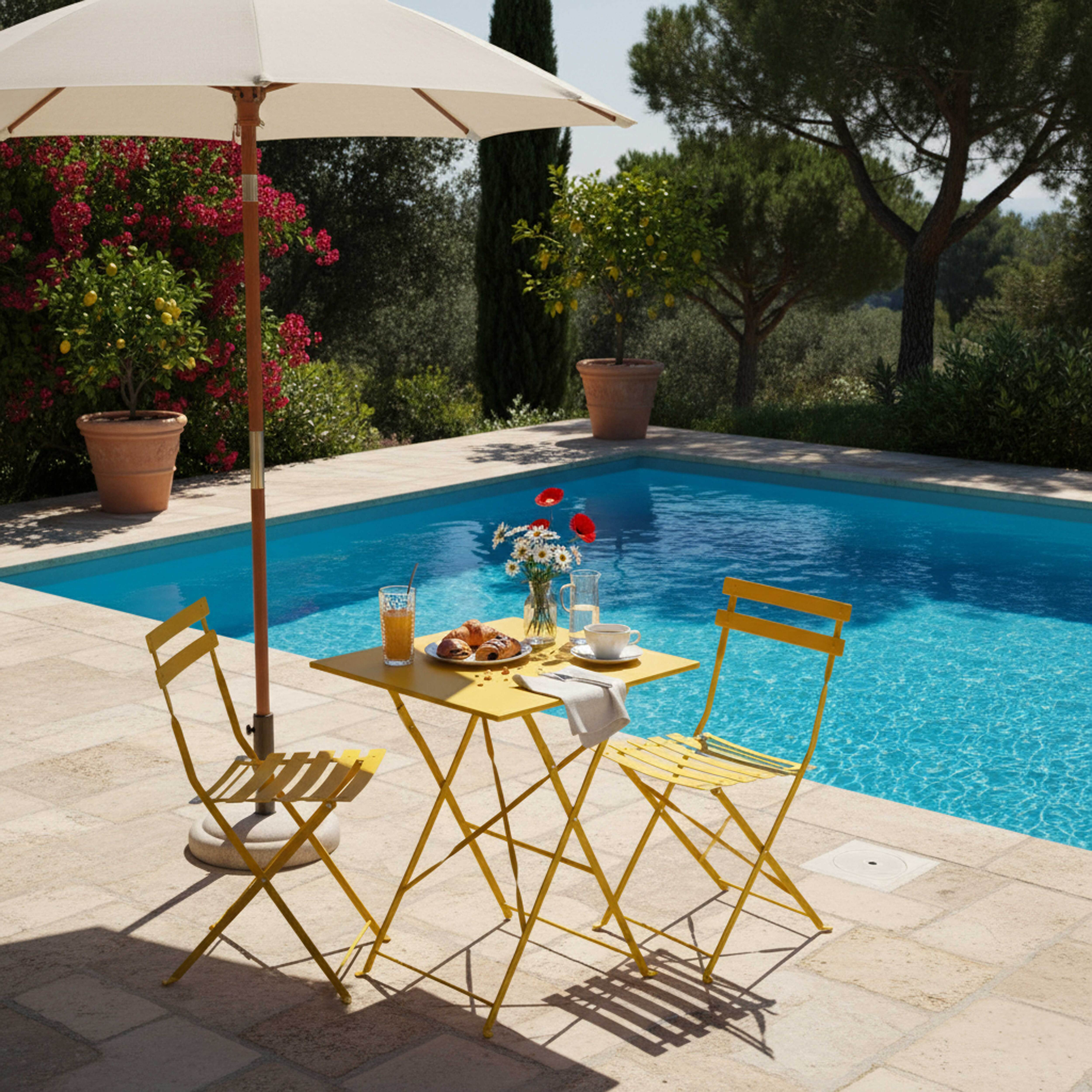 Ein gelber Tisch und Stühle stehen in der Nähe eines Pools. Ein Sonnenschirm spendet Schatten. Essen und Getränke stehen auf dem Tisch.