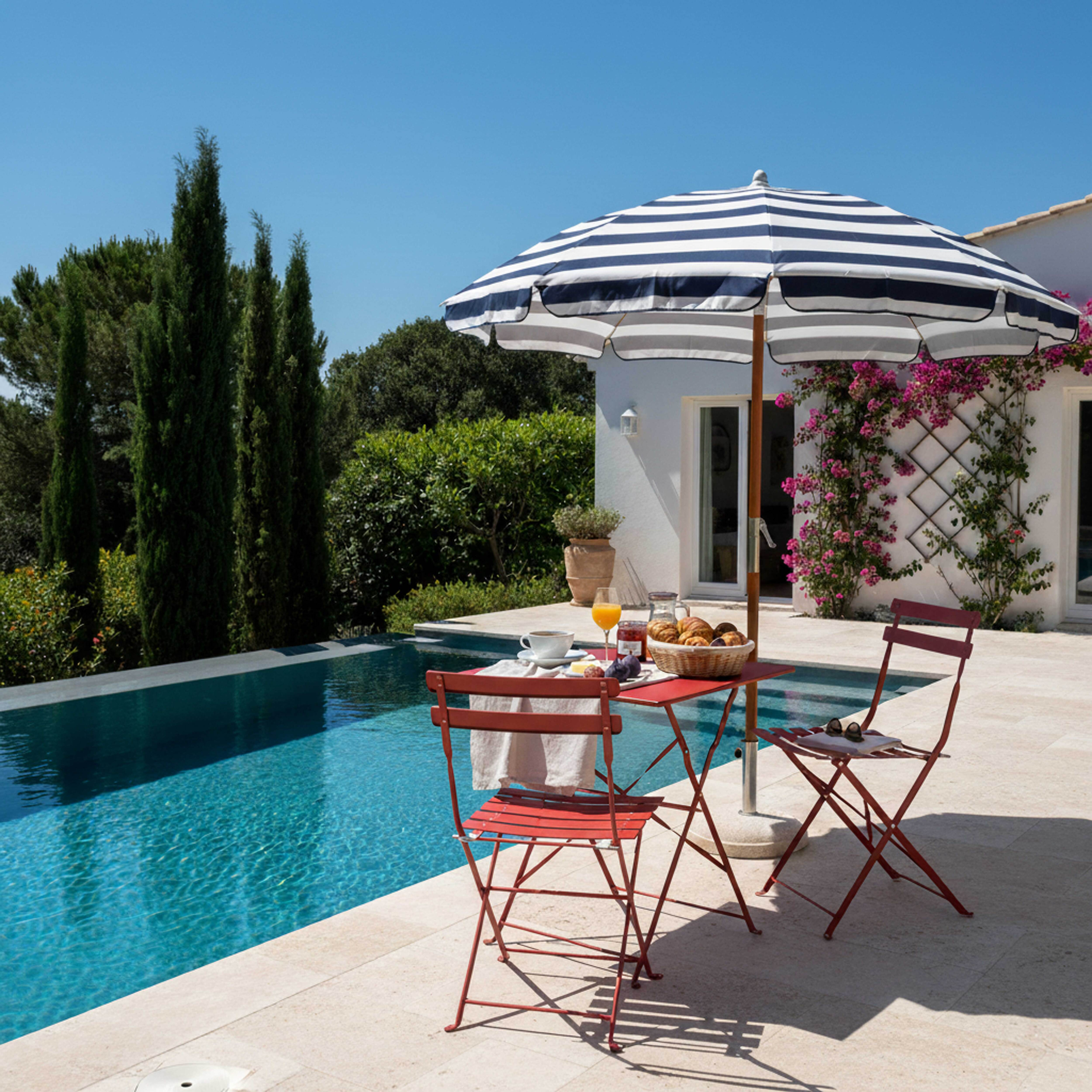 Szene im Freien mit Pool, Tisch, Stühlen und Sonnenschirm. Essen und Trinken auf dem Tisch. Weißes Gebäude mit Kletterblumen.