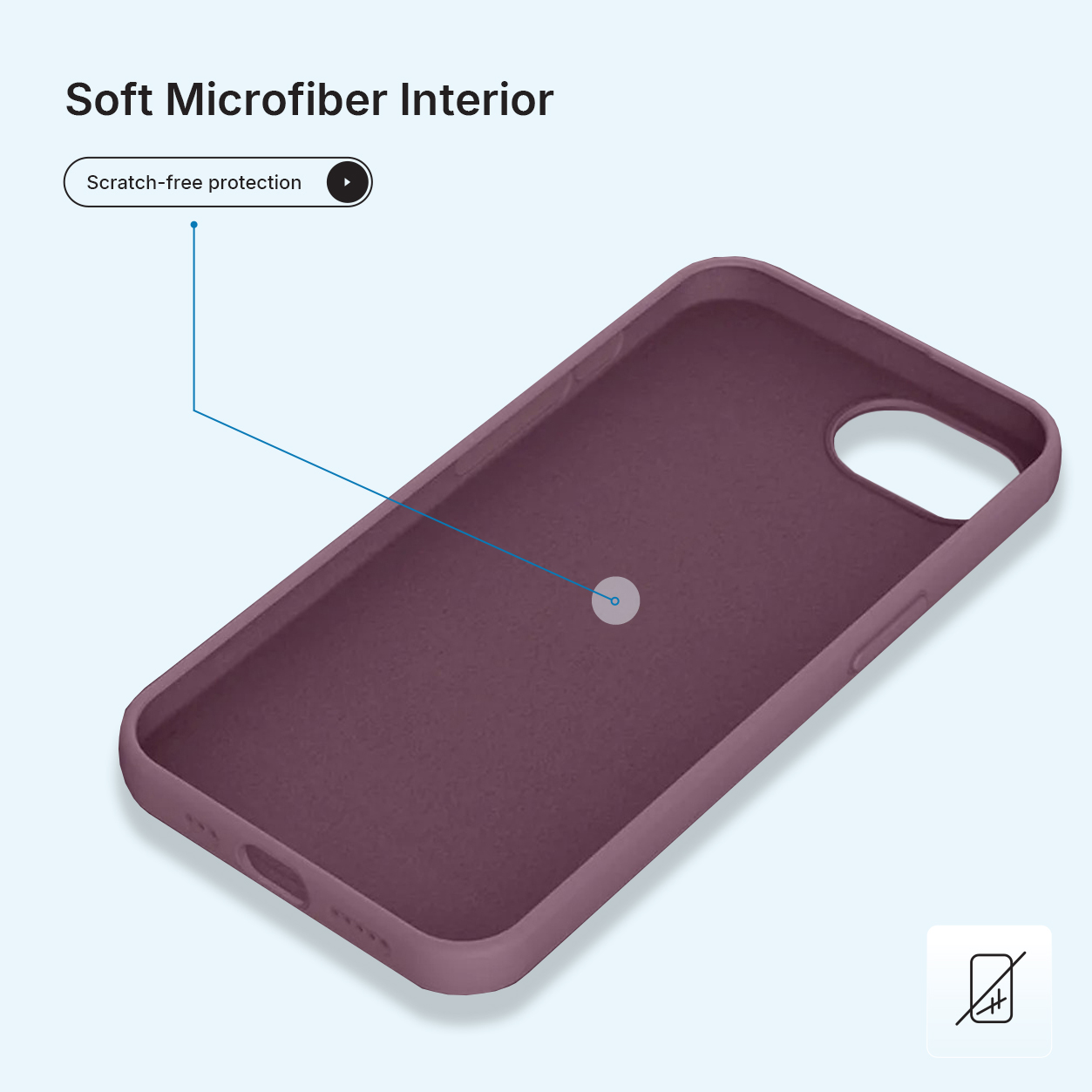 Een close-up van een donkerpaarse telefoonhoes, met de zachte microvezel binnenkant en krasvrije bescherming.